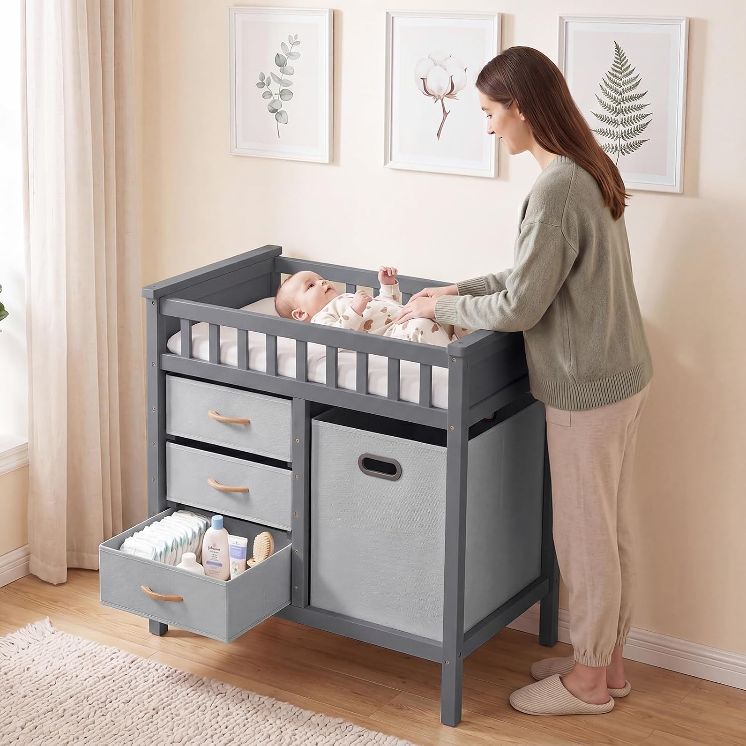 INFANS Wooden Baby Changing Table with Comfy Changing Pad, 3 Fabric Drawers, Laundry Hamper, Safety Belt, Diaper Station Dresser for Nursery Infant (Light Gray)