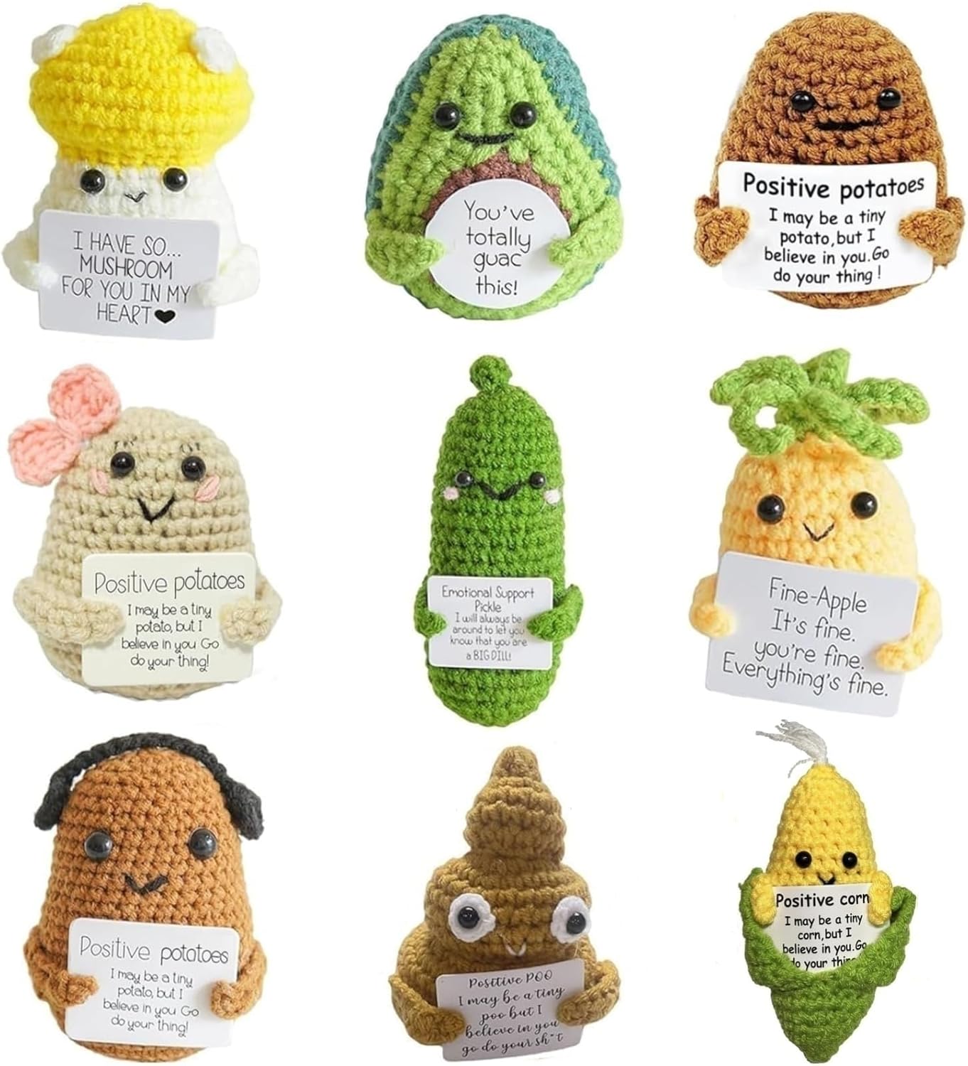 25PCS Cute Positive Crochet Animals, Emotional Support Pikle Potato Sunflower Penguin Turtle, Birthday Christmas Gifts for Friend Women Men Desk Decoration B