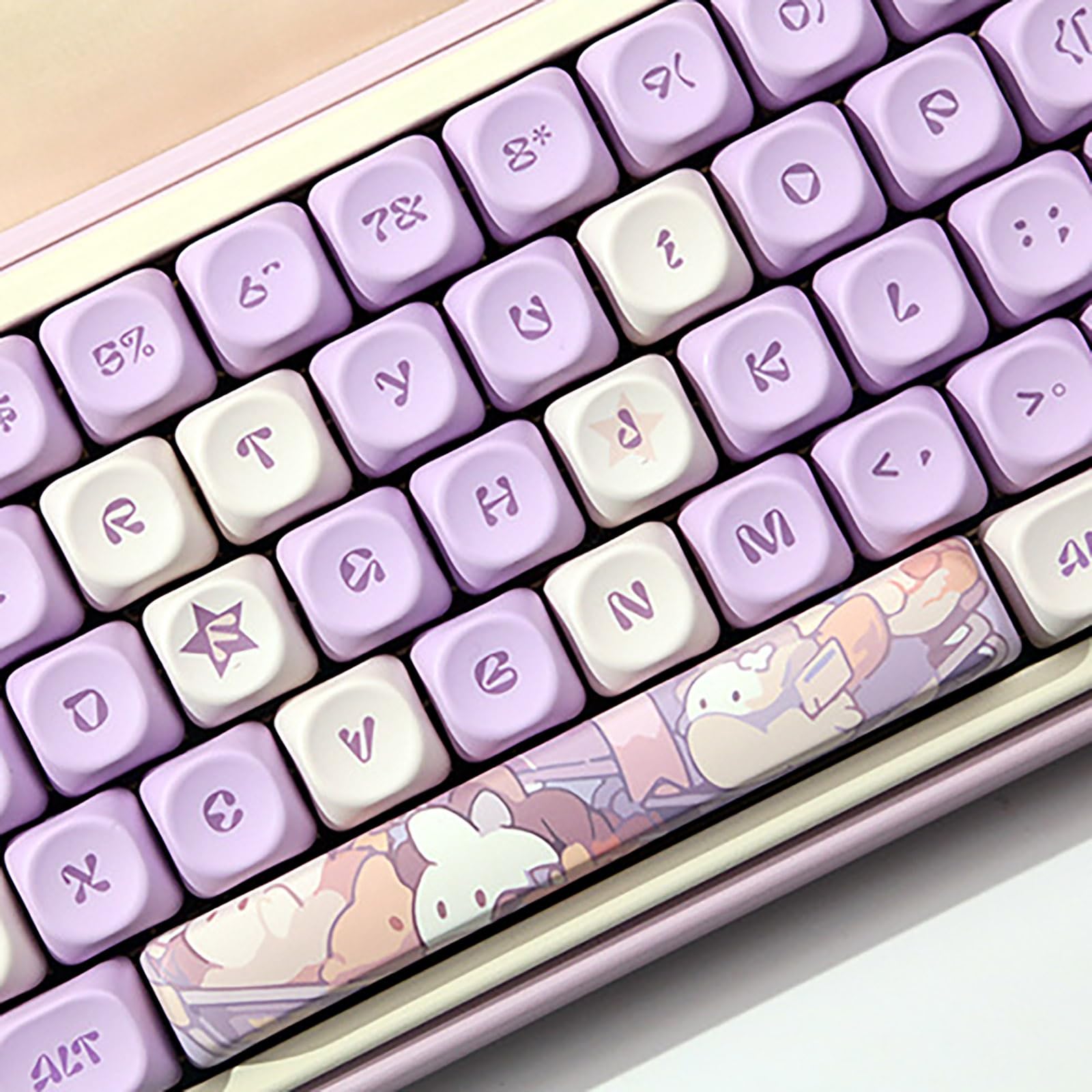 Ensemble de Touches Rondes Violettes en PBT 131 Touches avec Profil MOA de Lapin Mignon pour Filles et Enfants, Clavier personnalisé pour Clavier de Jeu mécanique à Disposition ANSI,A
