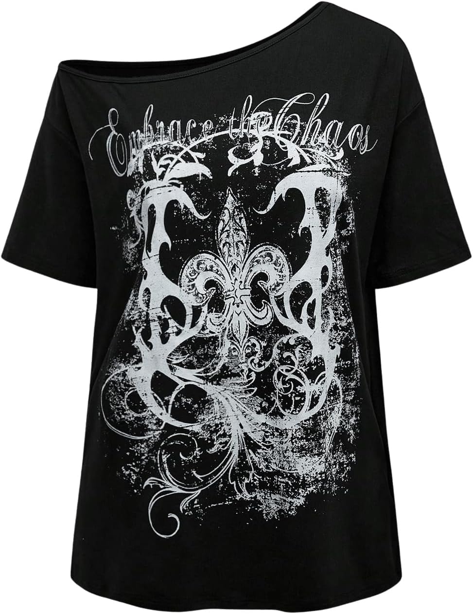 RoseSeek Women's Off The Shoulder Tops Gothic Graphic Tee Y2k Grunge Vintage Oversized T Shirts Trendy Outfits