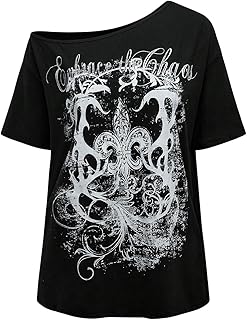 Women's Off The Shoulder Tops Graphic Goth Tee Y2k Vintage Asymmetrical Neck Oversized T Shirts
