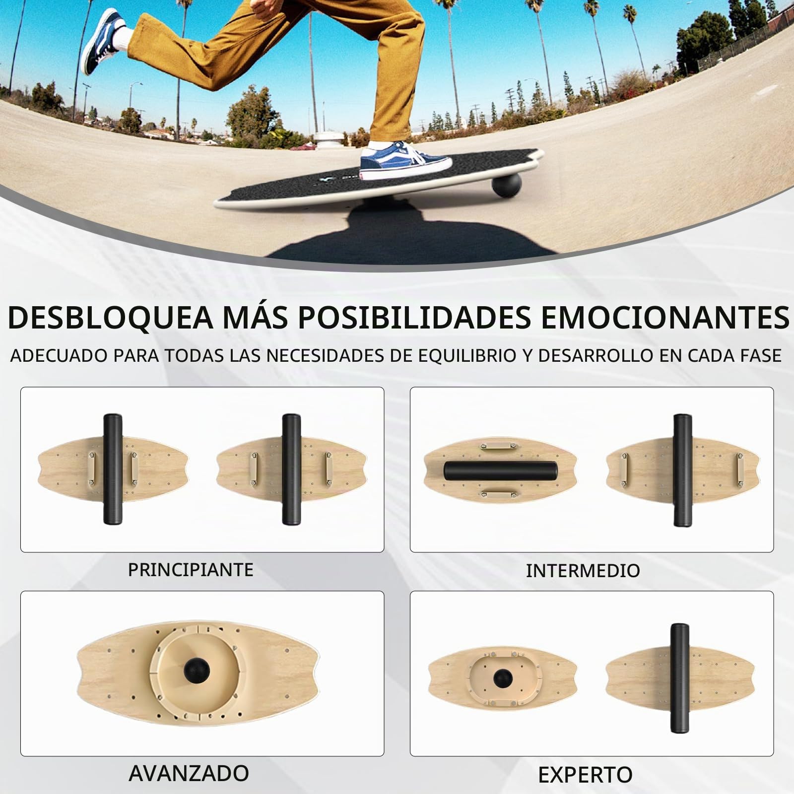 Tabla de Equilibrio de Madera, Tabla de Equilibrio con Rodillo, Pelota de Equilibrio, Soporte, Tabla Multifuncional Interior de Skateboard & Surf, Trickboard para Fitness, Yoga & Rehabilitación