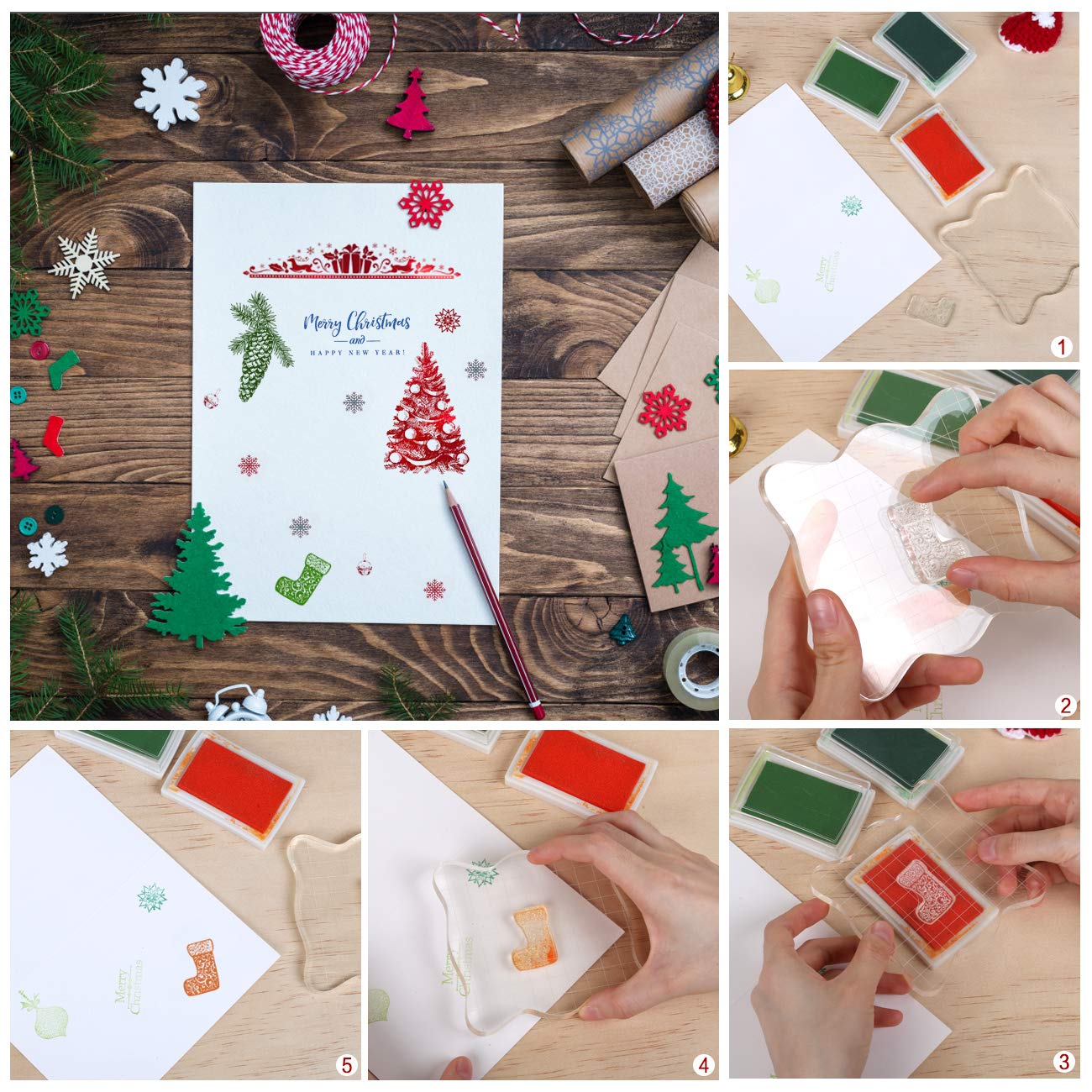 Lot De 6 Tampons De Noël En Bois Et Caoutchouc Pour Fabrication De