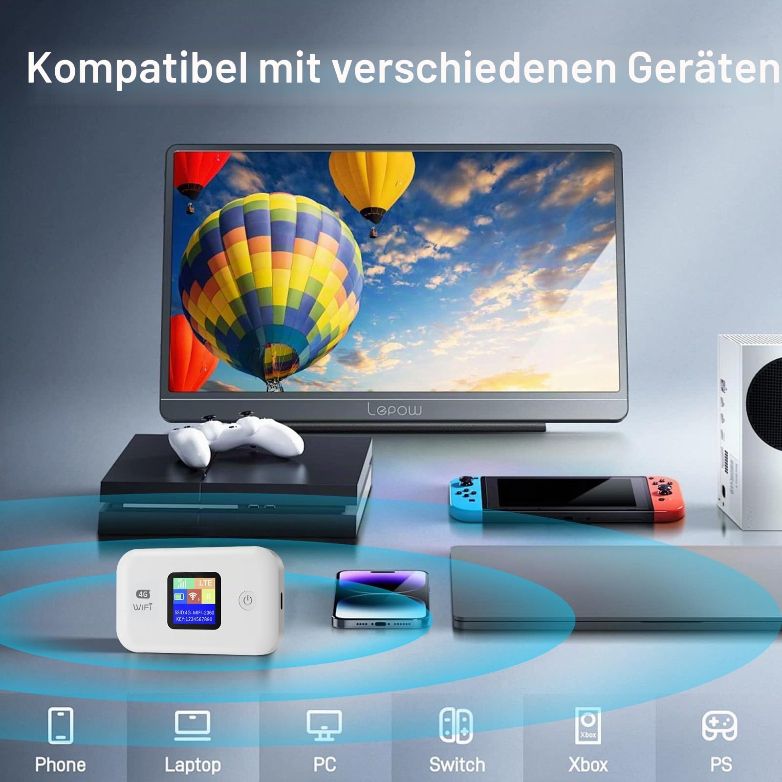 4G Mobiler WLAN Router, Tragbares WLAN für Unterwegs Ohne Vertrag, LTE Router 150 Mbps, 3000mAh Lange Akkulaufzeit, LCD Display, Mobiler Hotspot für Reisen, Camping, Hotels-Eisweiß
