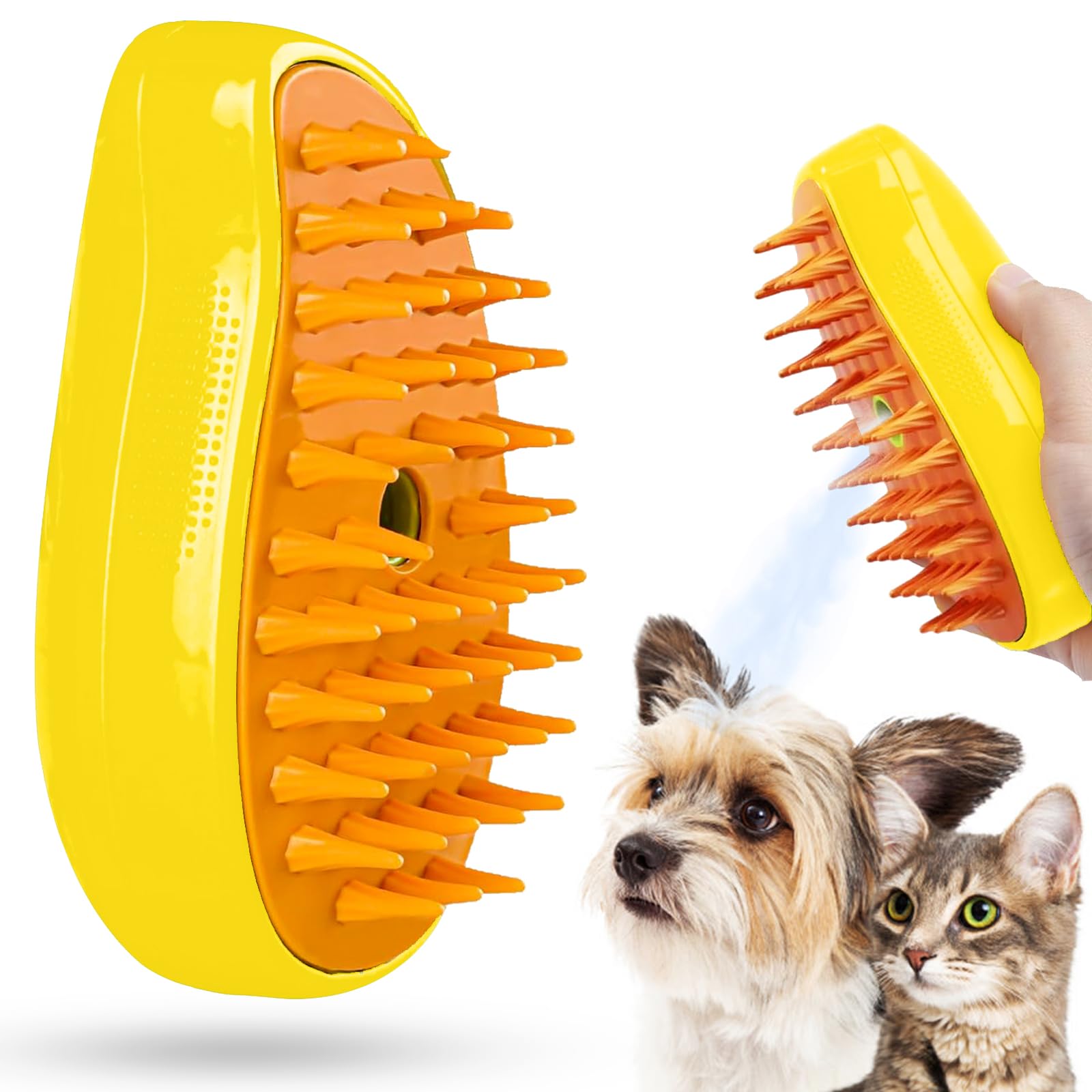Atuoxing Cepillo Vapor Gato, 3-en-1 Cat Steamy Brush, Cepillo de Vapor para Gatos Perros, Cepillo Gatos Quitapelo con Vapor Multifuncional (amarillo)