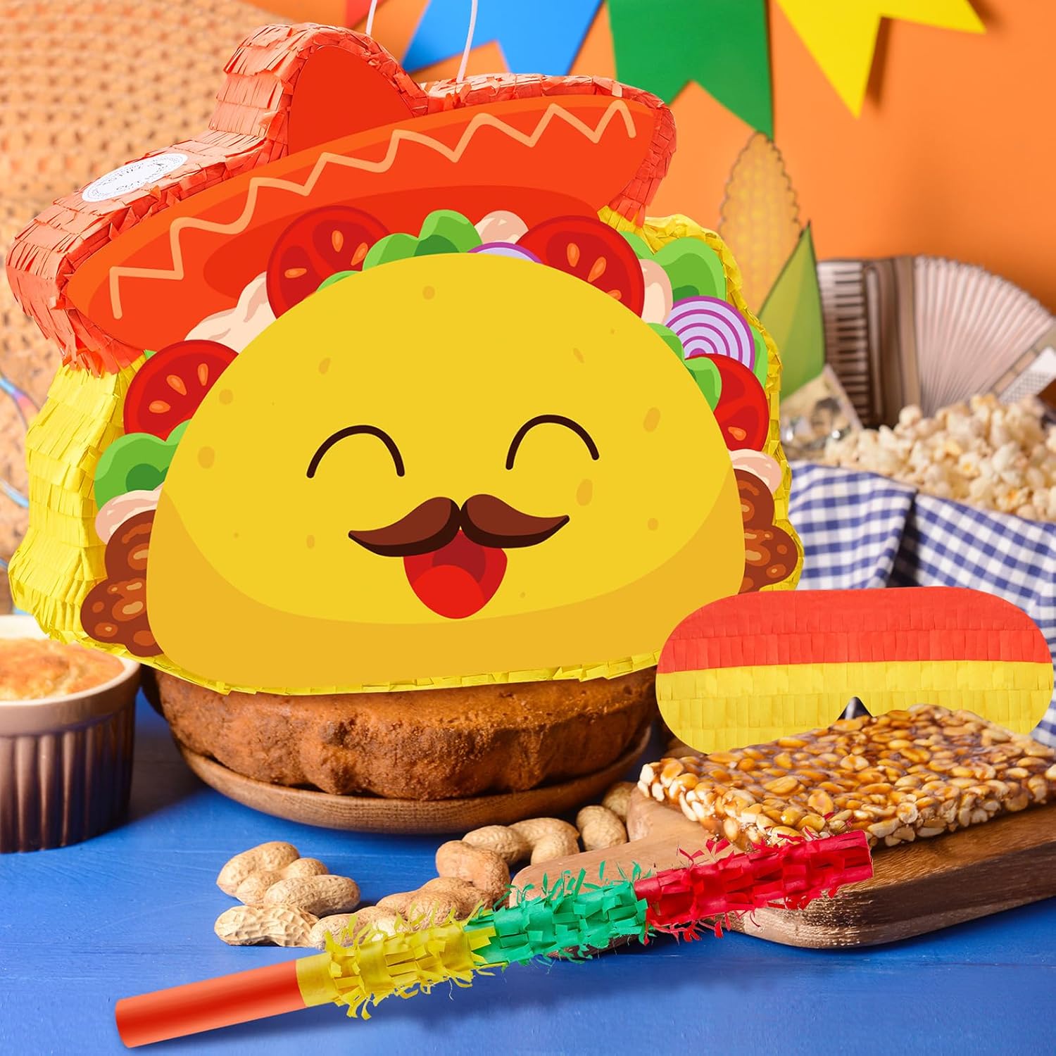 Lewtemi Taco Piñata for Cinco De Mayo Fiesta Party Decorations with Stick, Blindfold and Confetti, Fun Mexican Party Supplies for Celebration, 17.3 x 13 x 3 Inch