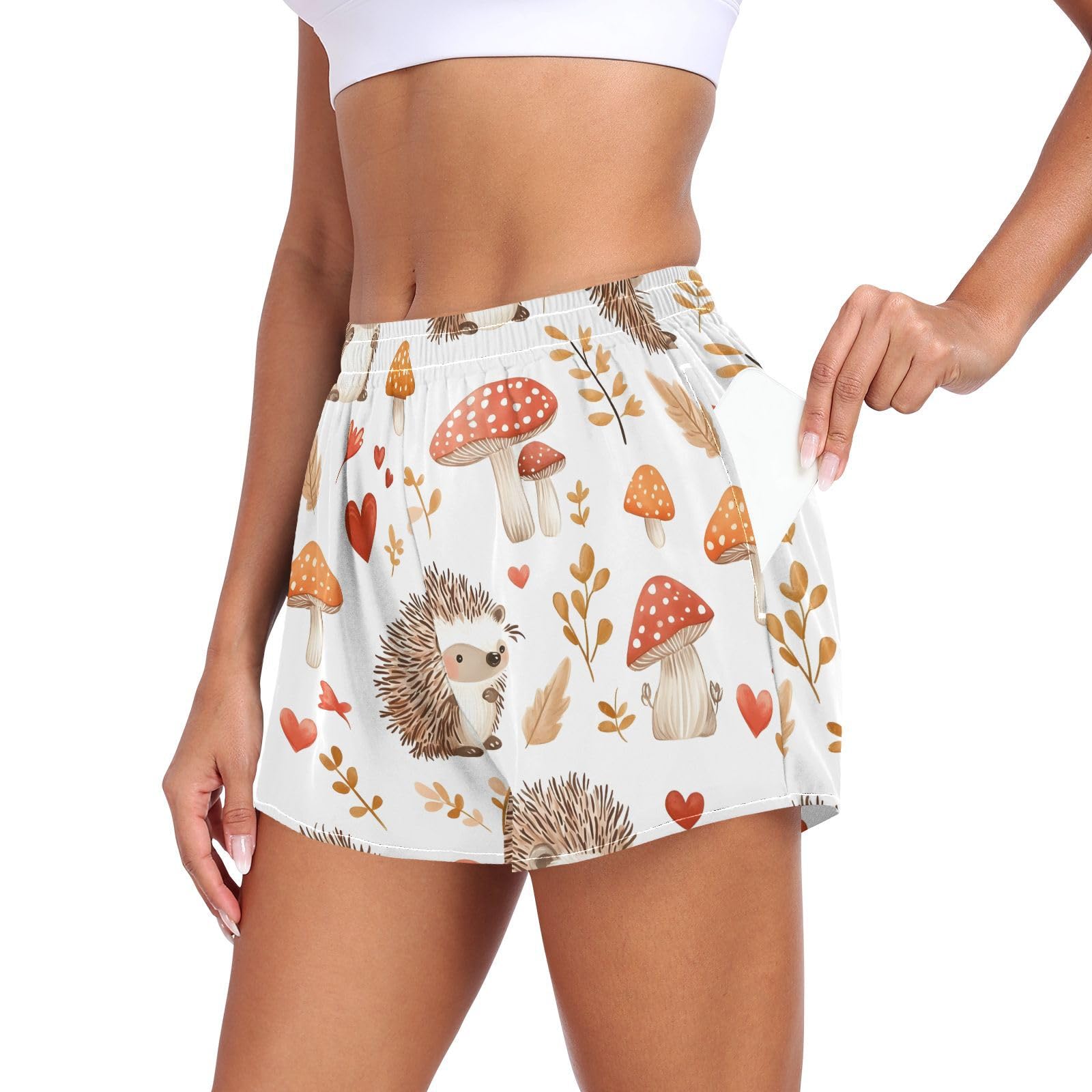 UMIRIKO Cute Hedgehogs Mushroom Fall Athletic Shorts for Women with Pockets S 202b9070