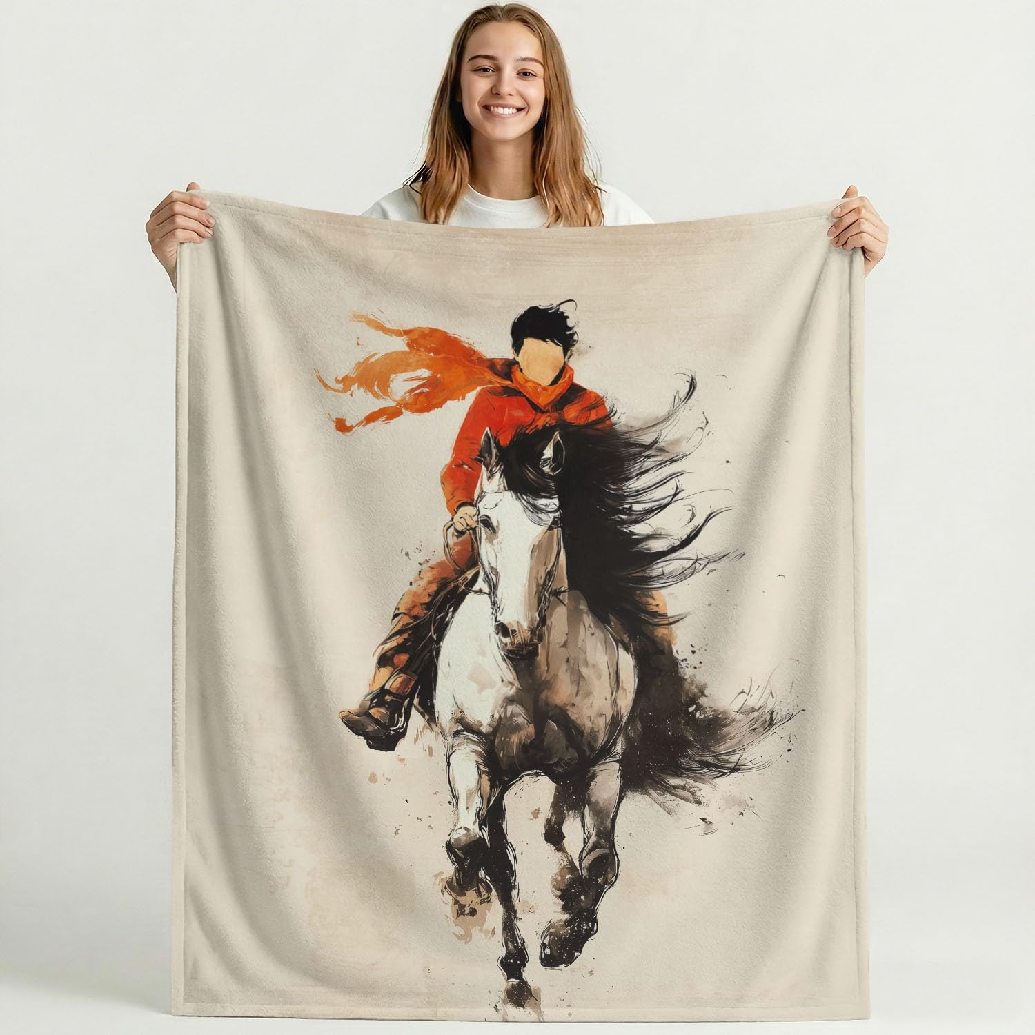 Przytulny koc flanelowy w stylu vintage, fantazyjny, koń, kowbojski, puszysty, miękki i ciepły, beżowy, koc na sofę, koc na kanapę, dla nastolatków i dorosłych, 150 x 200 cm