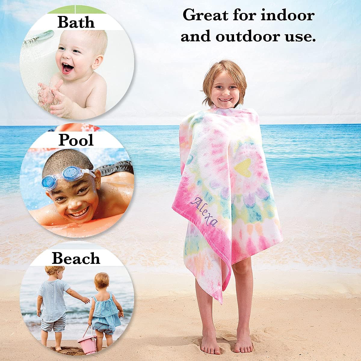 Lillian Vernon Tie Dye Personalized Girls Towel - Custom Embroidered with Name or Monogram, Extra Large 30” x 60” Kids Towels, Quick Dry Design for The Beach, Pool, or Bath, Plush 100% Cotton
