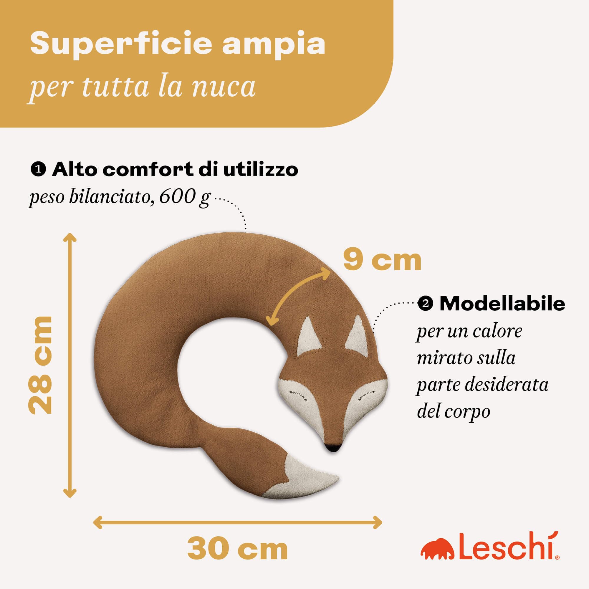 LESCHI Cuscino cervicale termico per microonde - 100% cotone e grano biologico - Cuscino riscaldante ideale per sciogliere tensioni a collo, spalle e schiena - Volpe, beige