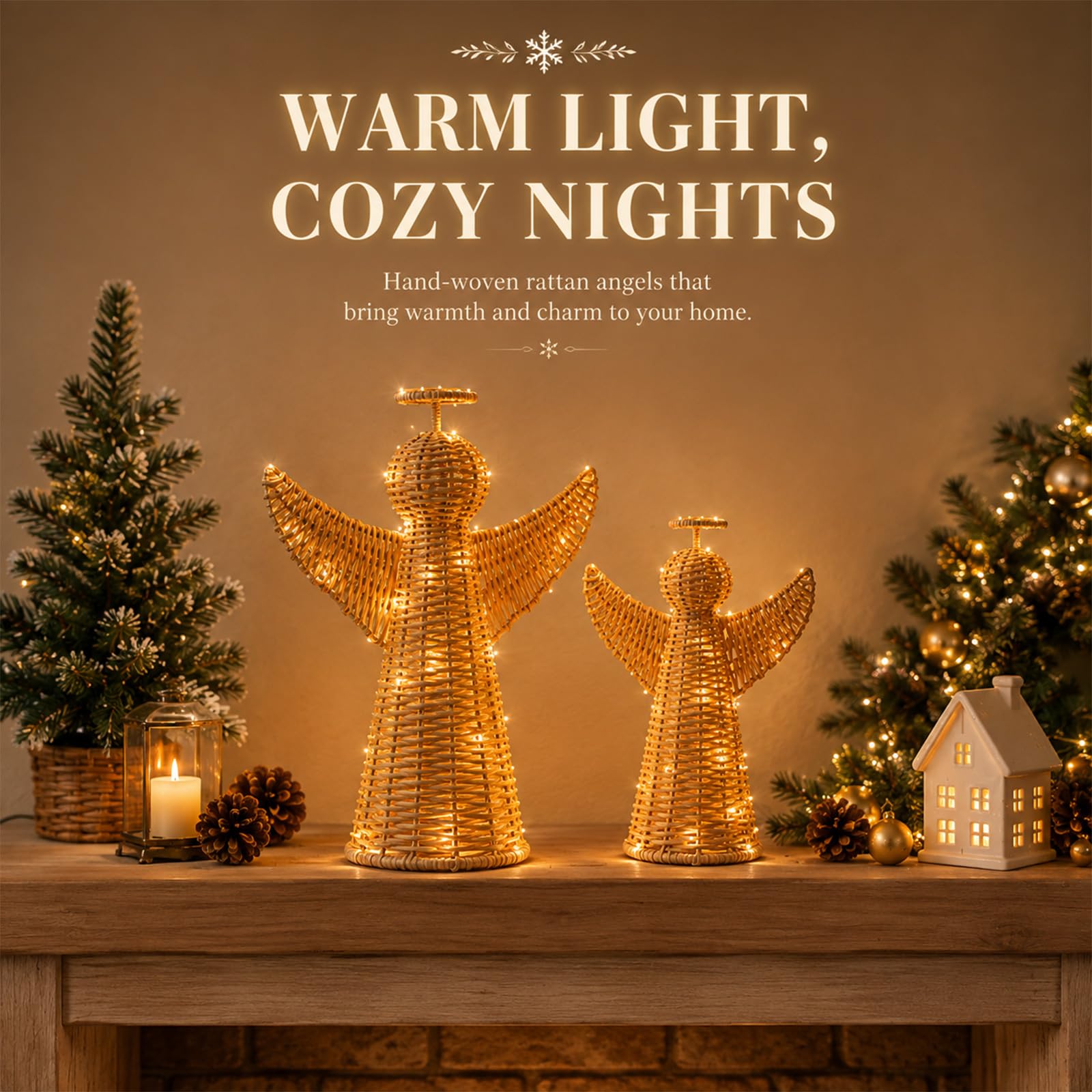 Yookeer 2 piezas de árbol de Navidad de ángel de ratán tejido con luces LED, adornos de mesa marrón natural hechos a mano para decoración rústica de vacaciones