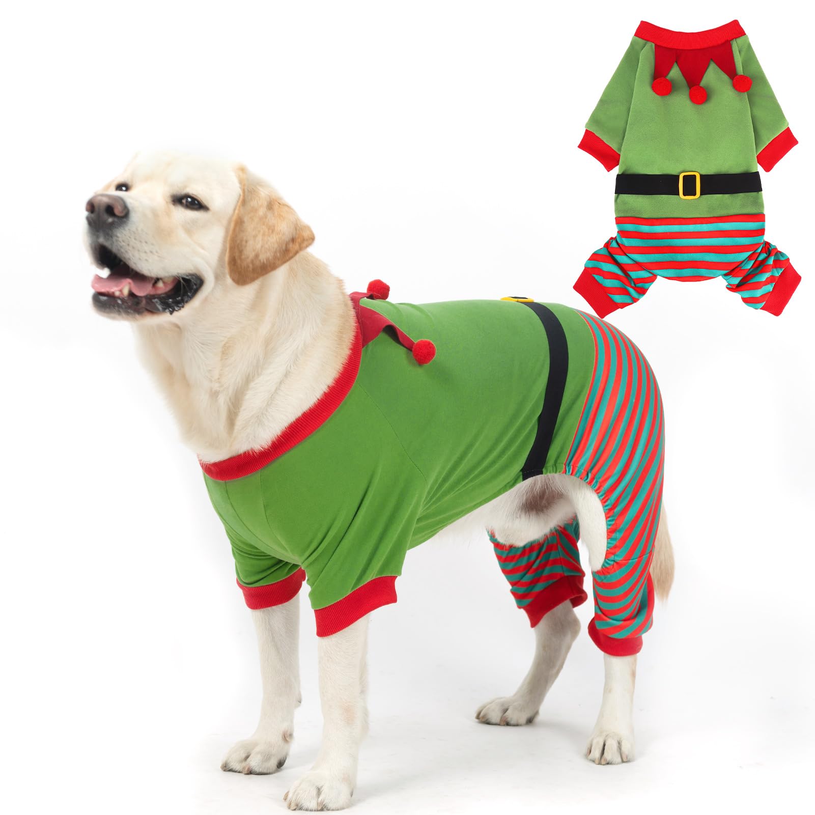 Mihachi Christmas Dog Pajamas, Pet Costume Elf Dog Costume Clothes for Small Large Soft Pet Pjs Winter Warm Jammies, Stretchy Elf Clown Apparel for Puppy Christmas Party Supplies, Green XL