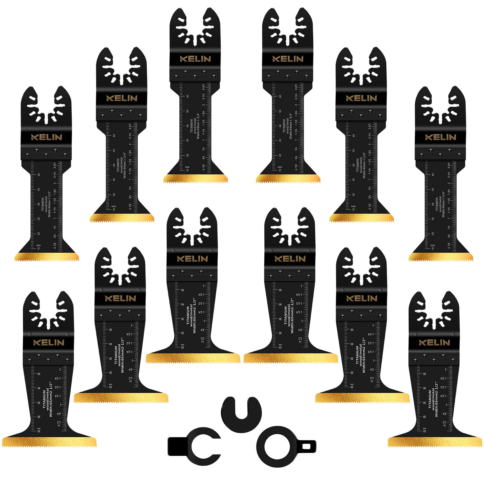 KELIN12pcs Titanium Oscillating Tool Blades, 70mm Extra Long and 65mm Extra Wide Multitool Blades Kit for Metal and Wood, Universal Oscillating Saw Blades Fit Bosch Fein Milwaukee Ryobi