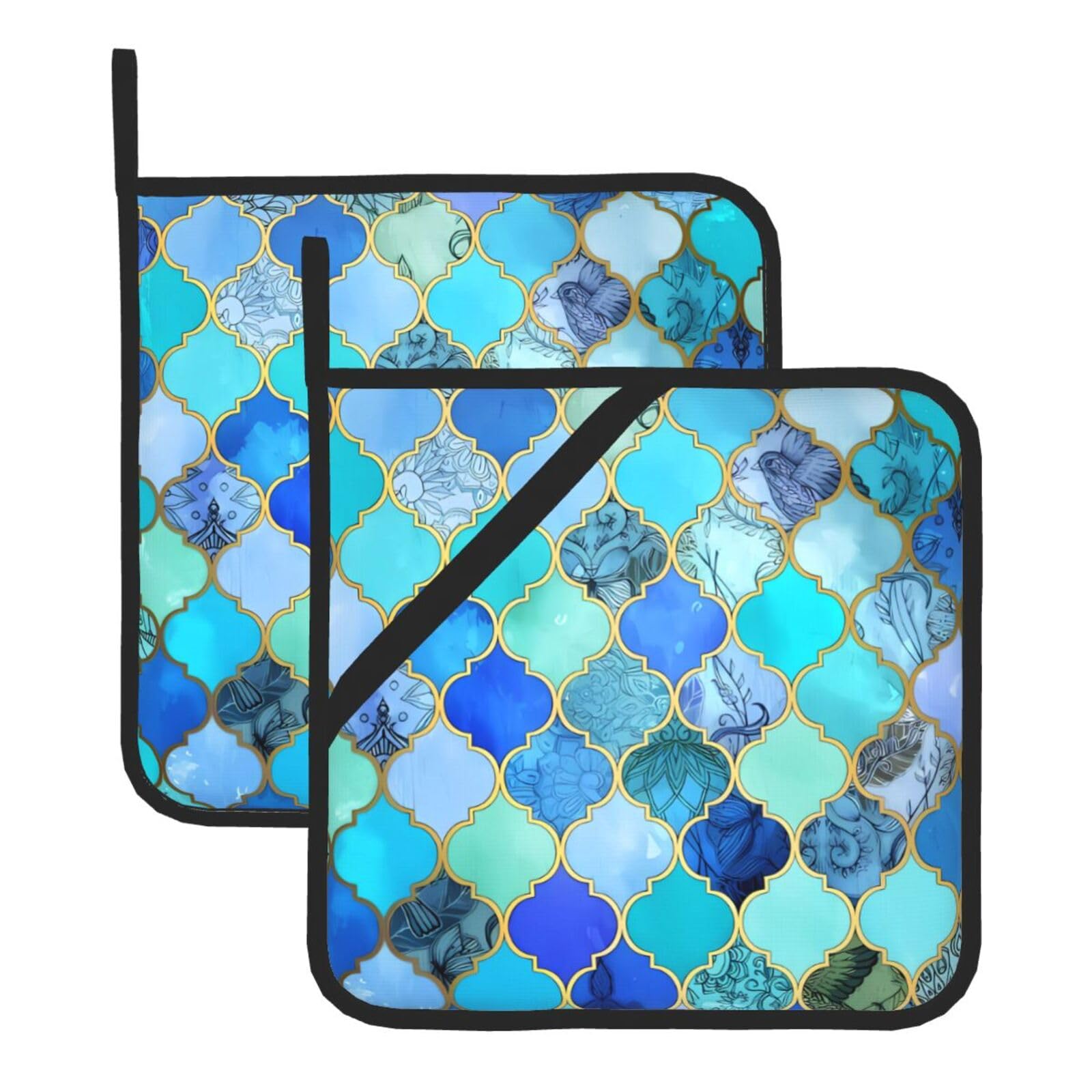 WHJSSF Lattice Prints Square Hot Pads for Kitchen Counter - Waterproof Trivets with Hanging Loop, Thick Pot Covers for Serving, Oven & BBQ - Set of 2 (1 with Pocket)