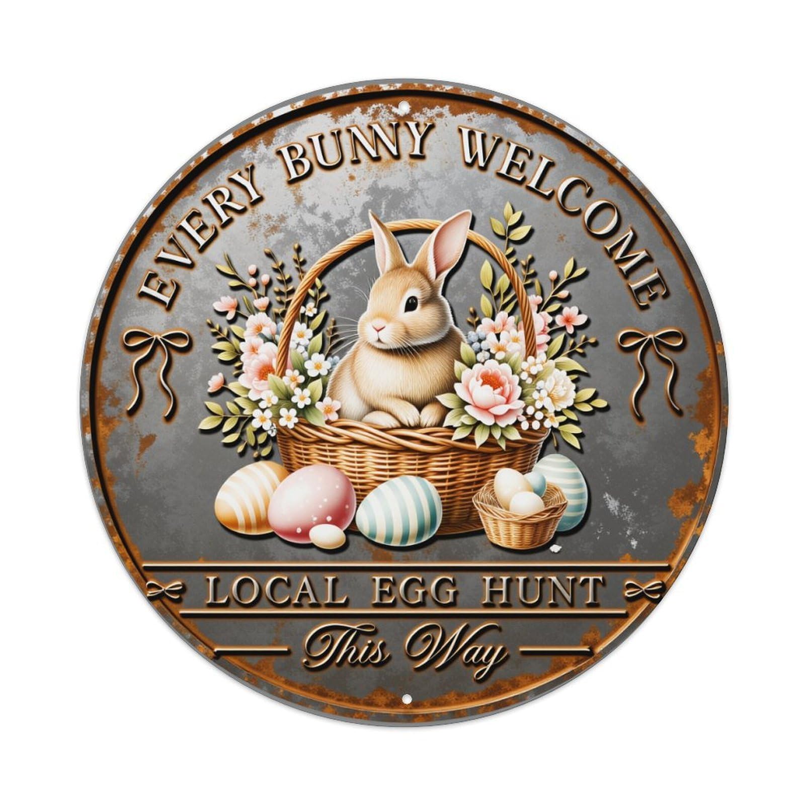 Wmlzdnwr Vintage Every Bunny Welcome Local Egg Hunt This Way Round Tin Sign,Retro Wall Art,Metal Poster For Home, Bar, Garage, Cafe, Rustic Indoor & Outdoor Decor, 8X8 Inches