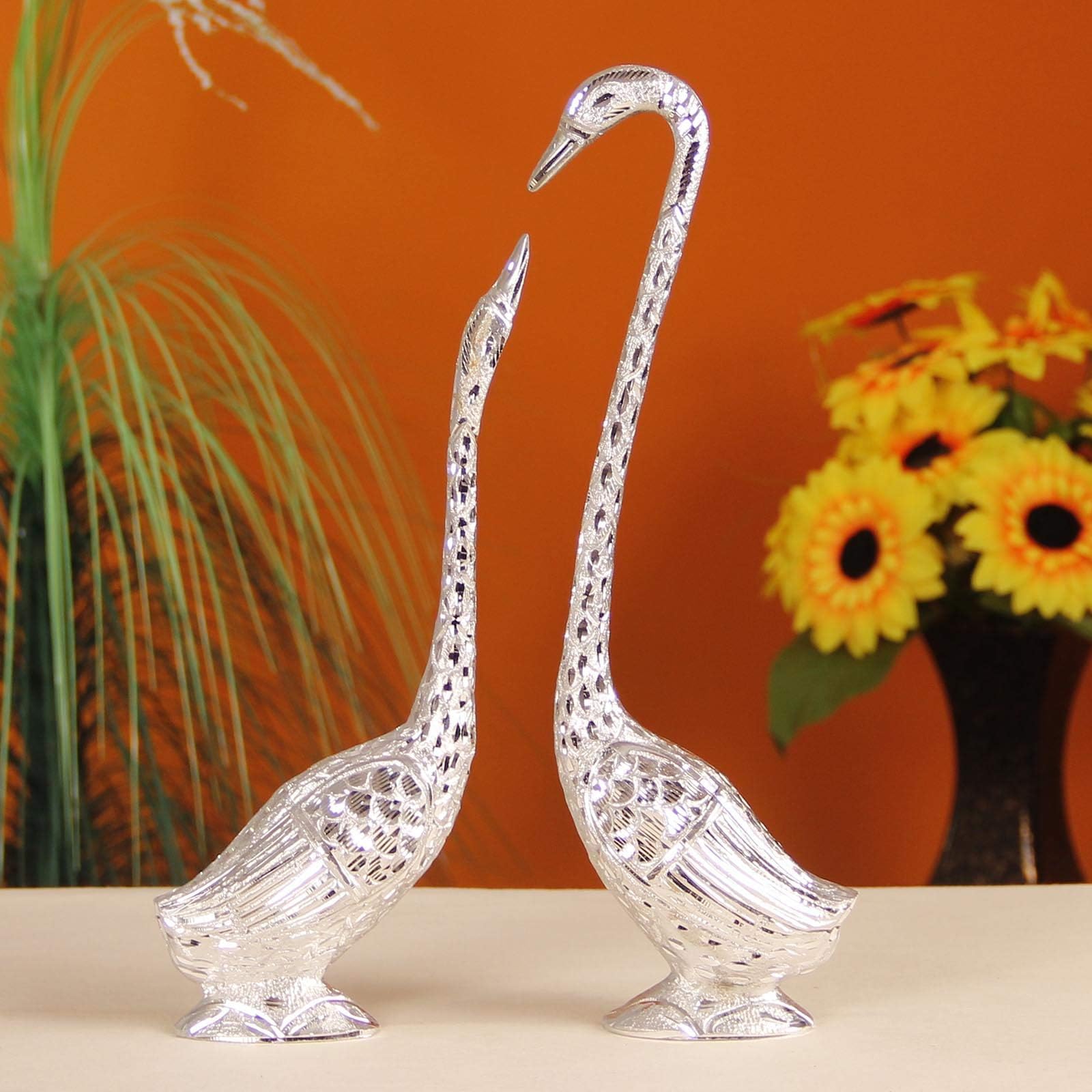 Pair of Kissing Swan/Duck Home Decor Showpiece in White Metal - 14.25 inch (Silver)