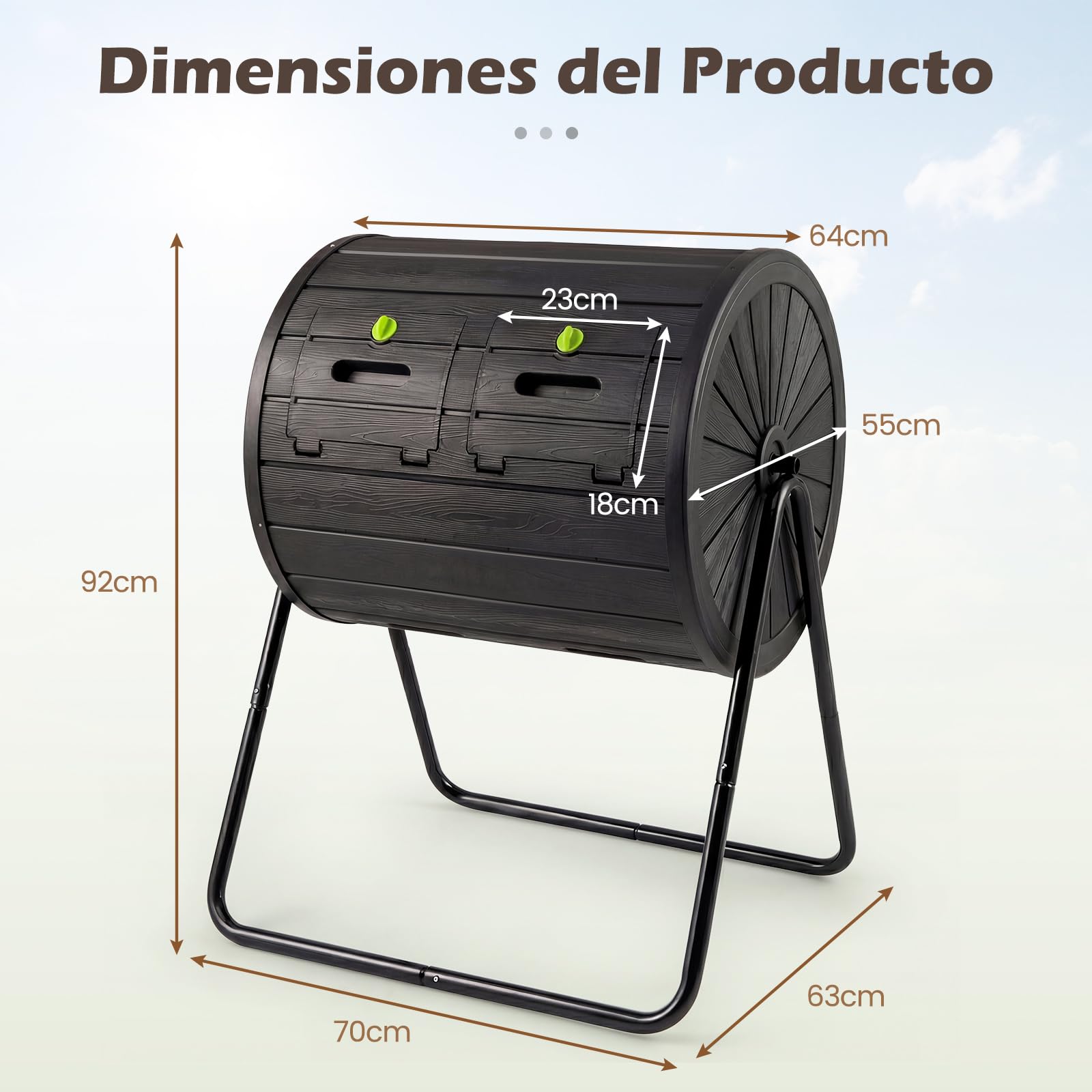 COSTWAY Compostador Giratorio 142 L, Contenedor de Compostaje con Doble Cámara, 2 Puertas Bloqueables, Rotación de 360°, Jardinero Cocina Patio Granja, sin BPA (Negro)