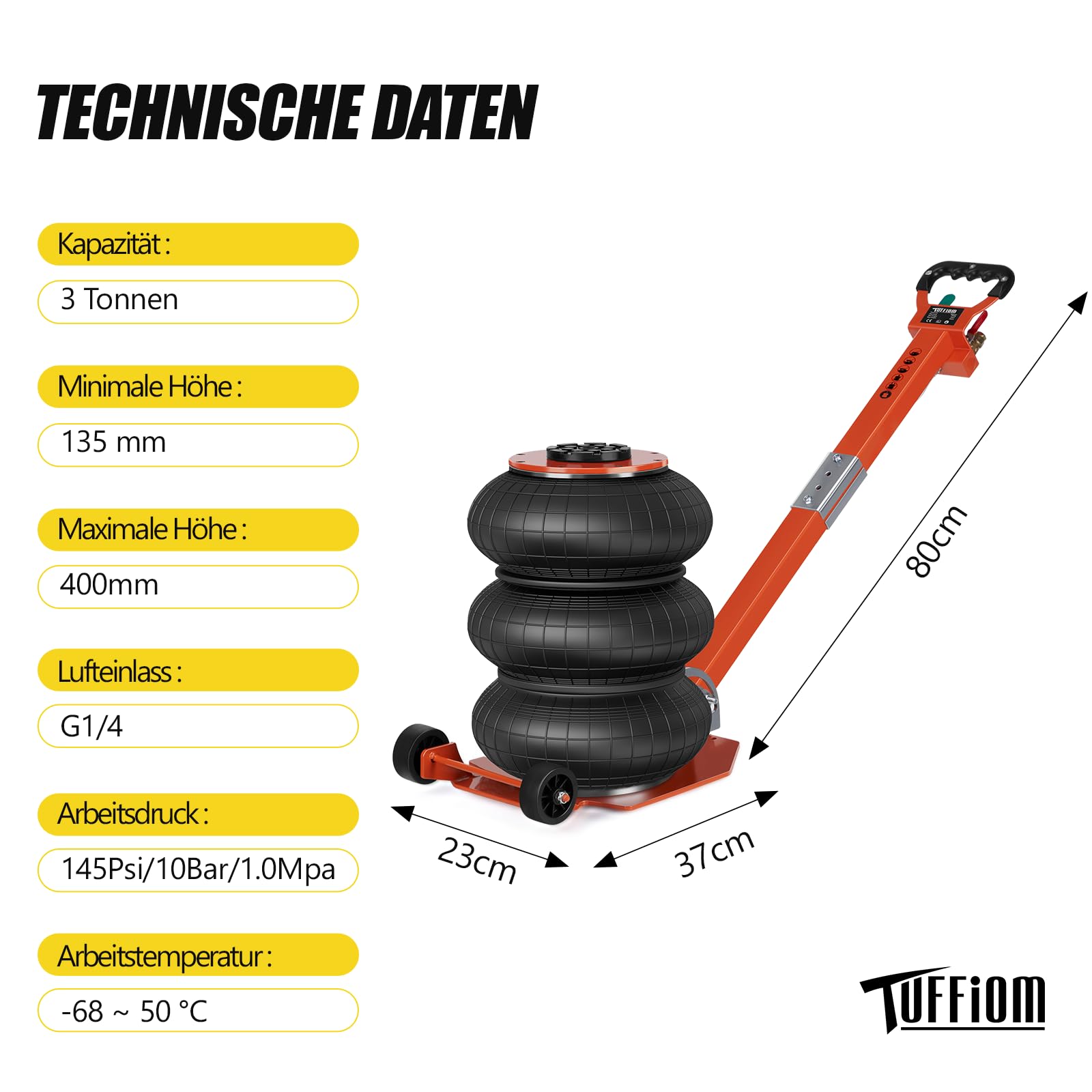 Bonnlo Cric Pneumatique 3 Tonnes, Cric de Levage Plage 135-400 mm avec Poignée, Levage Rapide pour Voiture, SUV, Atelier et Garage (Orange)