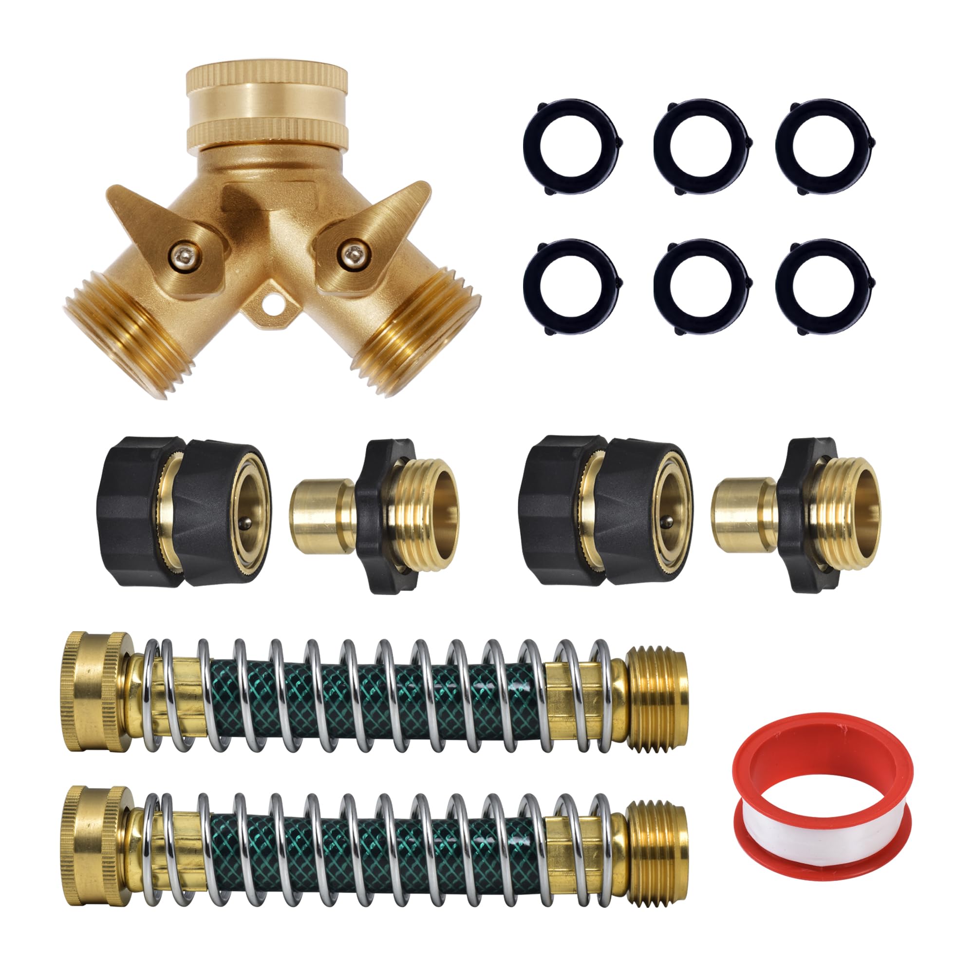 VANCOCO Garden Hose Coiled Spring Protectors- Brass Hose Splitter 2 Way Heavy Duty with Quick Connect for Outdoor Faucet