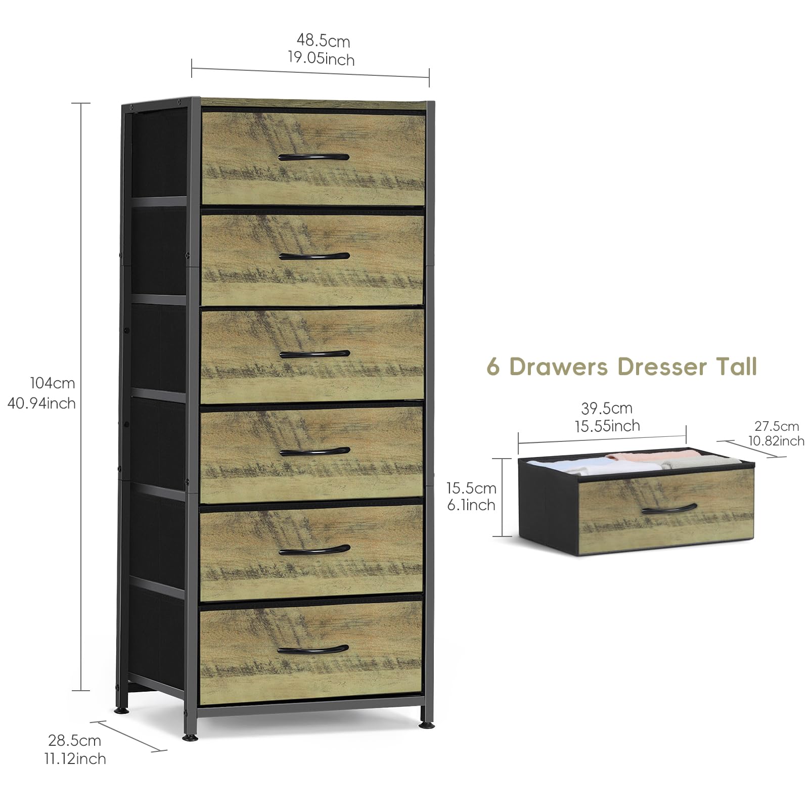 MOOACE 6 Drawers Dresser Tall,Storage Organizer Unit - Dresser for Bedroom with Fabric Bins,Wood Top, Easy Pull Handle - Organizer Unit for Bedroom, Hallway, Entryway, Wood color