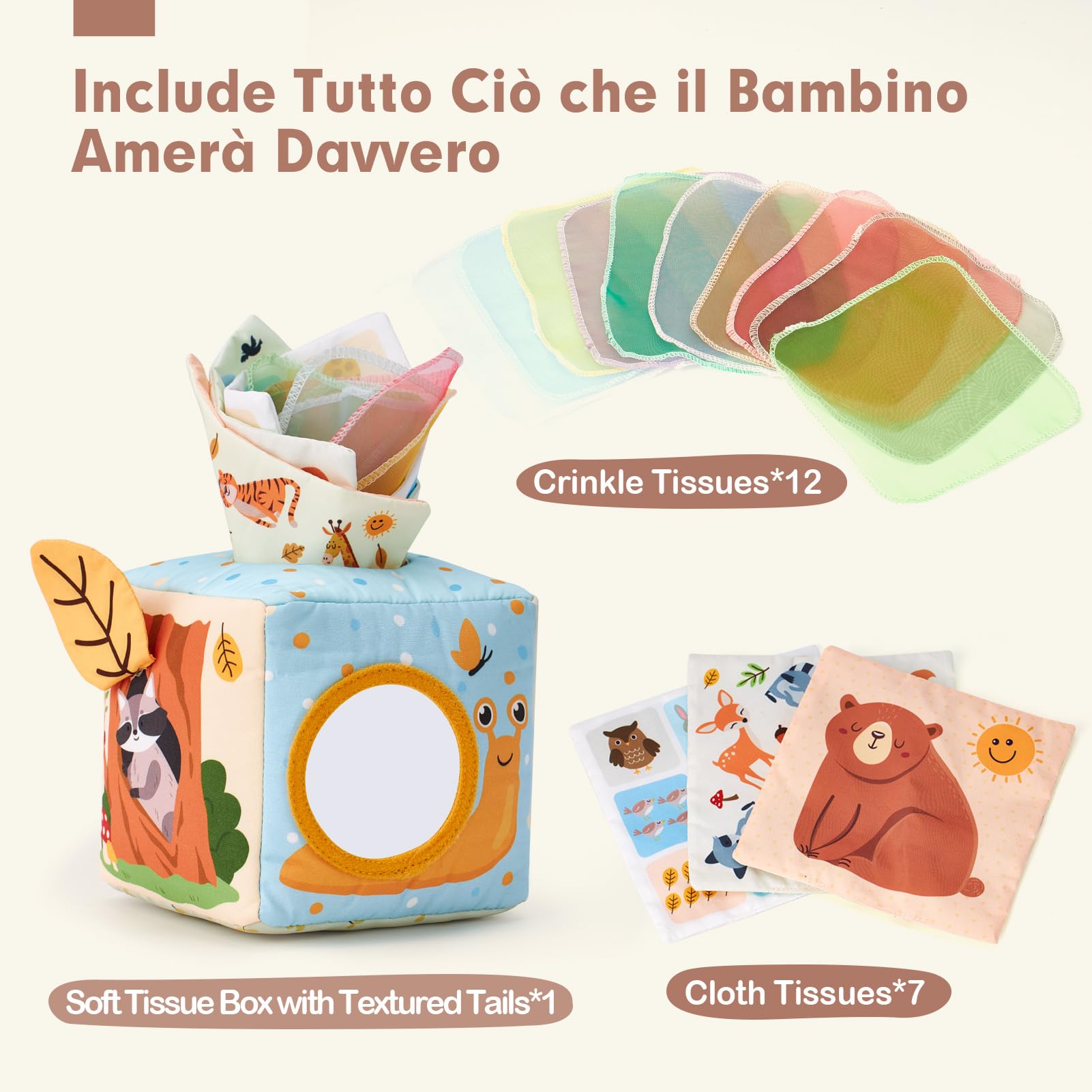 hahaland Scatola di Fazzoletti Montessori 3-6 Mesi, Giochi Neonati Sensoriali Scatoletta Interattiva in Tessuto e Specchio, Regalo Neonato Maschio