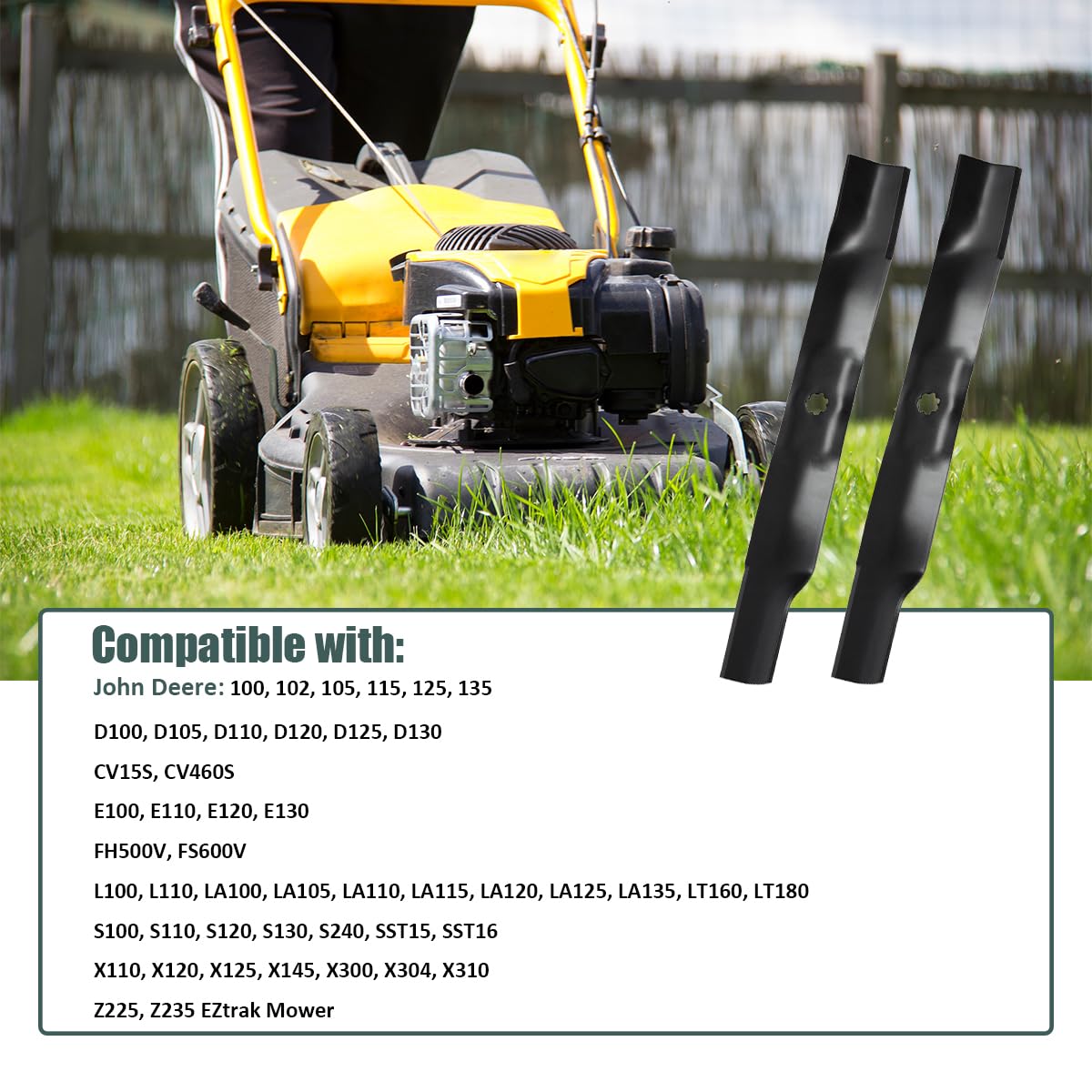 Cuchillas de repuesto para cortacésped de 42 pulgadas para AM137327 AM141034 AM141032 M154061 M154062 – Compatible con John Deere D105 D110 D125 D130 LT160 LA135 Z. 225 Césped Tractor - Paquete de 2