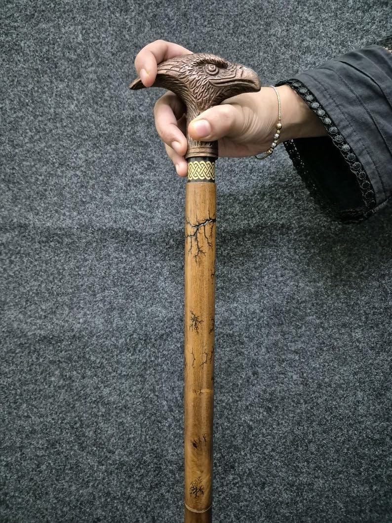 Bastone da passeggio in legno vintage con manico a testa d'aquila marrone antico, 3 pieghi, elegante articolo regalo 94 cm