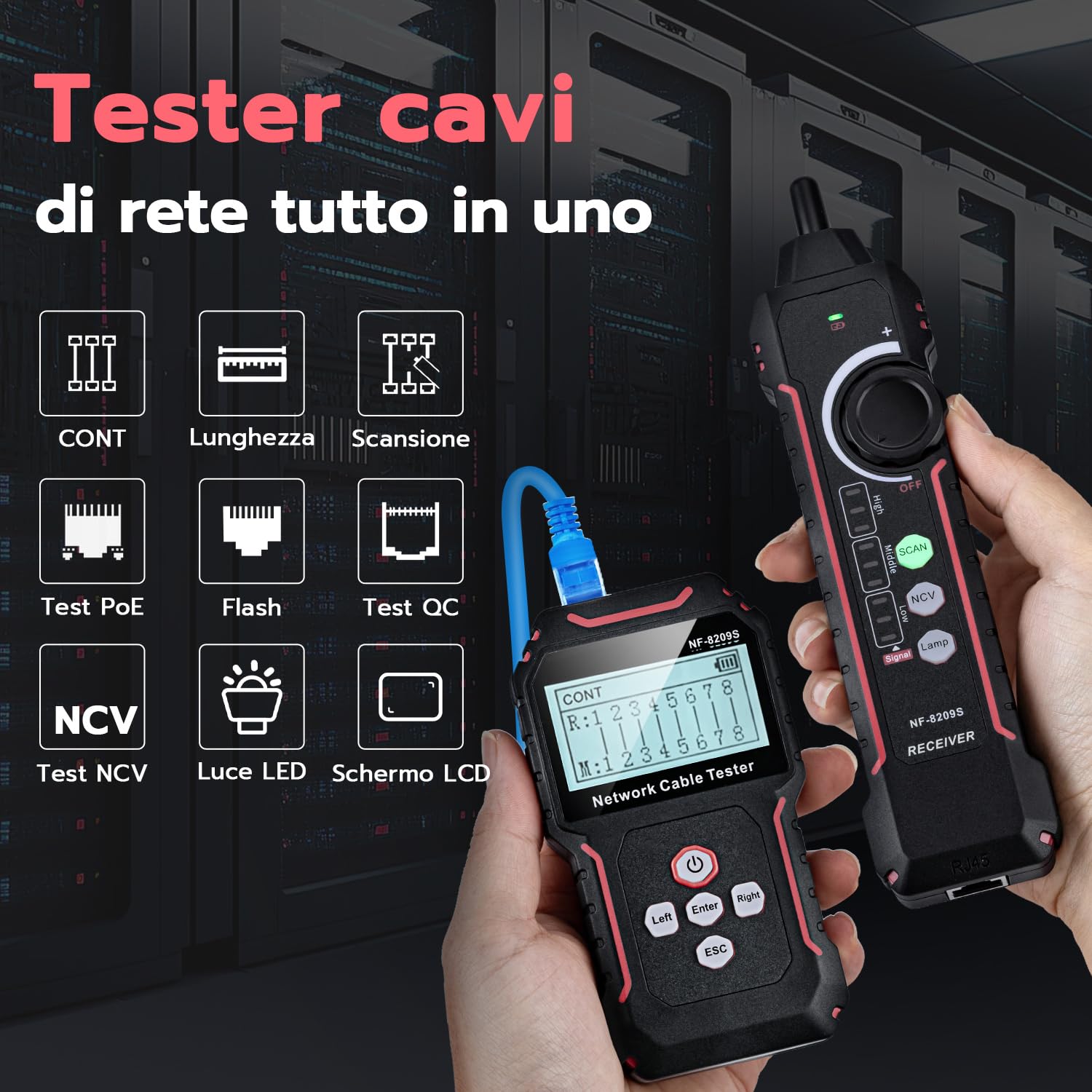 Mcbazel Tester per Cavi di Rete con PoE e NCV, Misurazione della Lunghezza del Cavo, Porta Flash, Rilevatore di Line