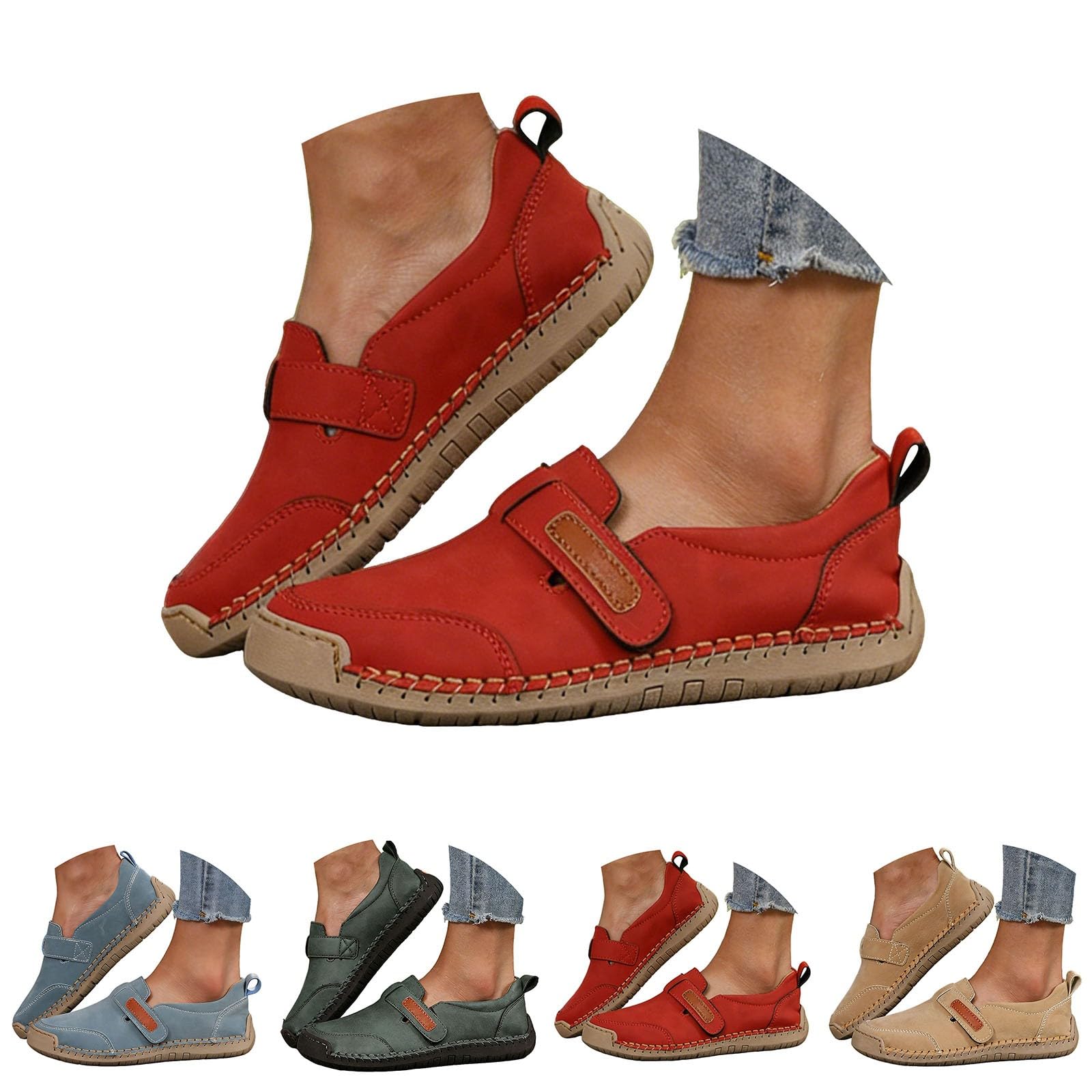 Mocasines casuales de cuero cosido para mujer, cómodos zapatos planos para caminar con correa ajustable de cierre táctil para recados diarios y viajes