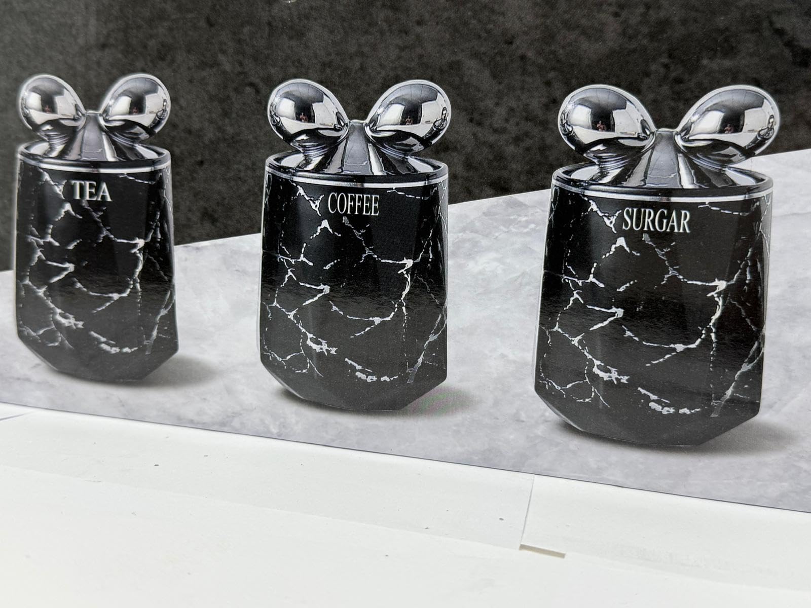 Jayogla Black Ceramic Storage Jars, 3-Piece Tea Coffee Sugar Canister Set, Marble Design With Chrome Bow Lids (Black)