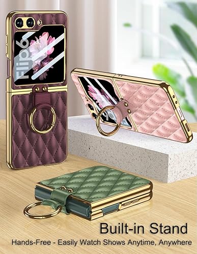 Miniatura 3 de SHIEID Z Flip 6 - Funda de piel para Galaxy Z Flip 6 con marco galvanizado, soporte de anillo, forro de esponja y diseño en forma de diamante para