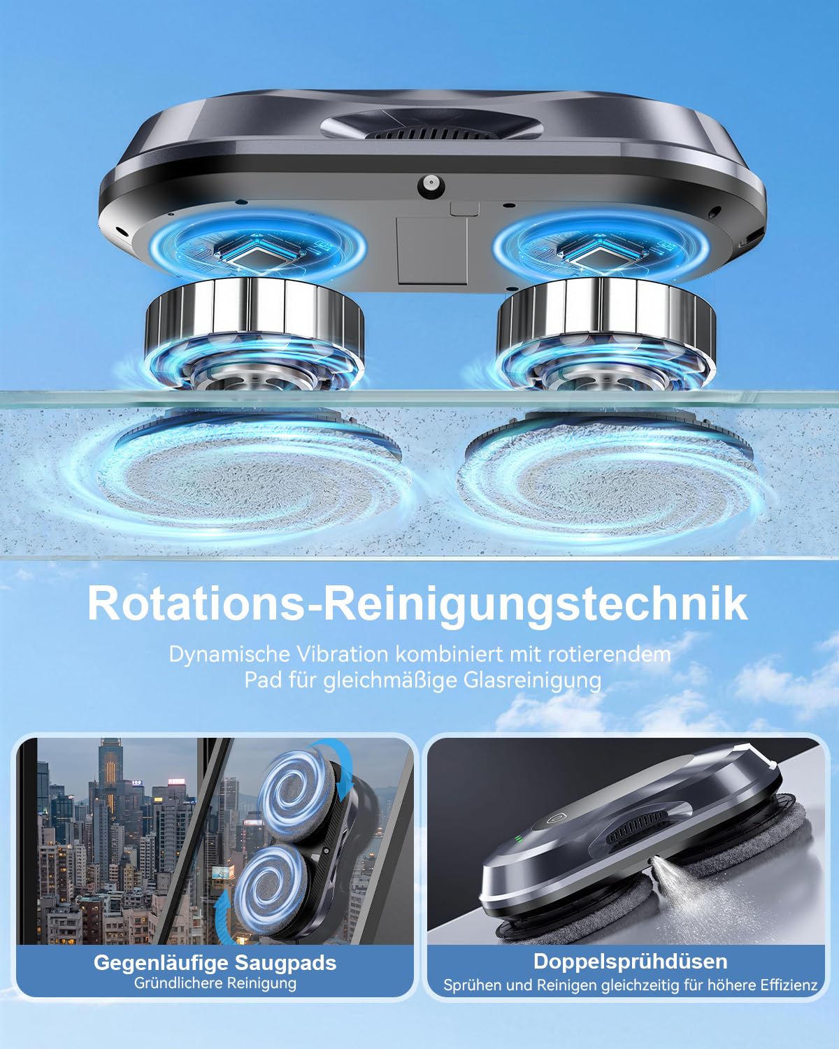 Robofun Fensterputzroboter,Fensterputzer Elektrisch, Fensterroboter | 6000Pa Saugkraft, Bürstenloser Motor, Doppelhelix-Reinigung, Randenerkennung, Sauber und spurlos,Fensterreiniger Roboter