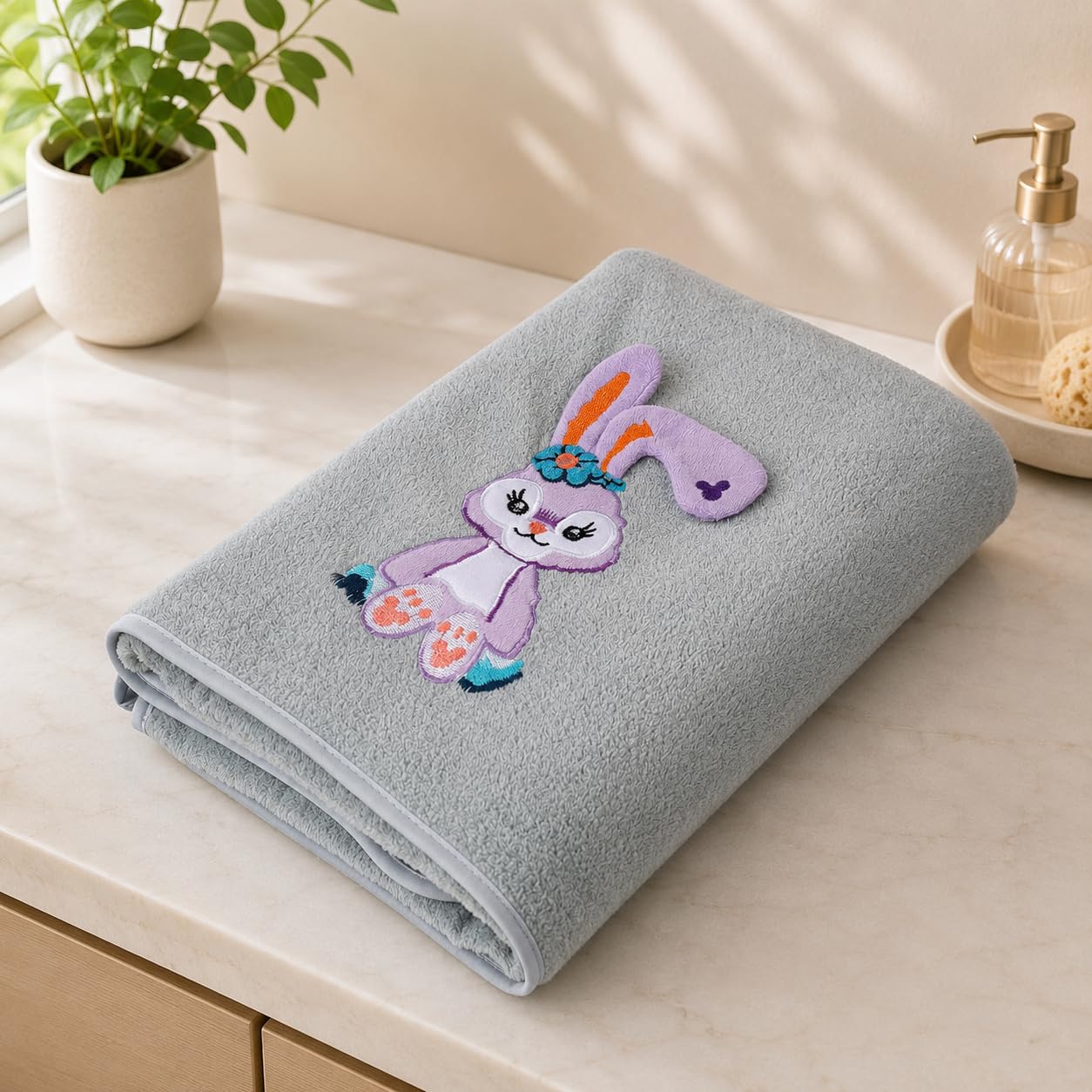 Bunny Kids Bath Towel, Ultra Soft, Anti Bacterial, Super Absorbent Micropolymide Towel for Baby Boys & Girls Daily use Premium Cartoon Print Towel for Home, Bath & Travel (Grey) 70x140 CM-image-5