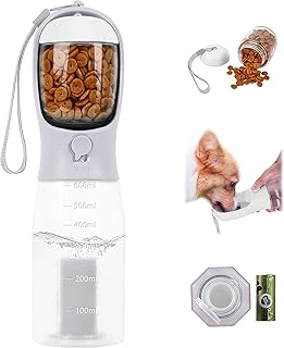 Gkqlczyy 3-in-1 Portable Multifunctional Dog Water Bottle Dispenser for Walking&Hiking and Crate with Food Container, Replaceable Waste Bags, Leak Proof,Dishwasher Safe,BPA-Free (20oz-White)