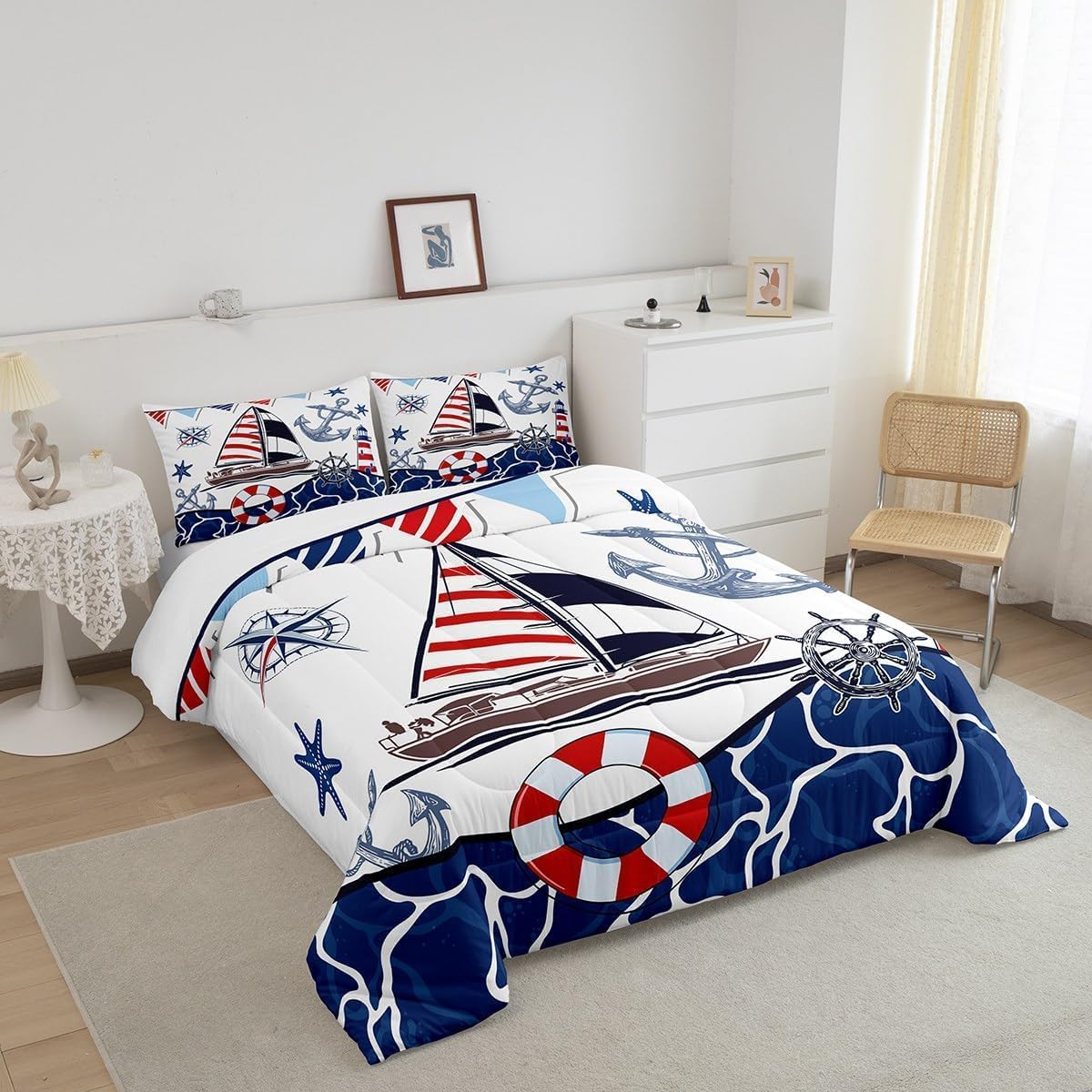 Modern Nautical Anchor Sailboat Comforter Set for Kids Teens, Queen Size Compass Rudder Starfish Ocean Bedding Comforter with 2 Blue Ocea Adventuren Pattern Pillowcases- 90" x 90" (Sailboat, Queen)