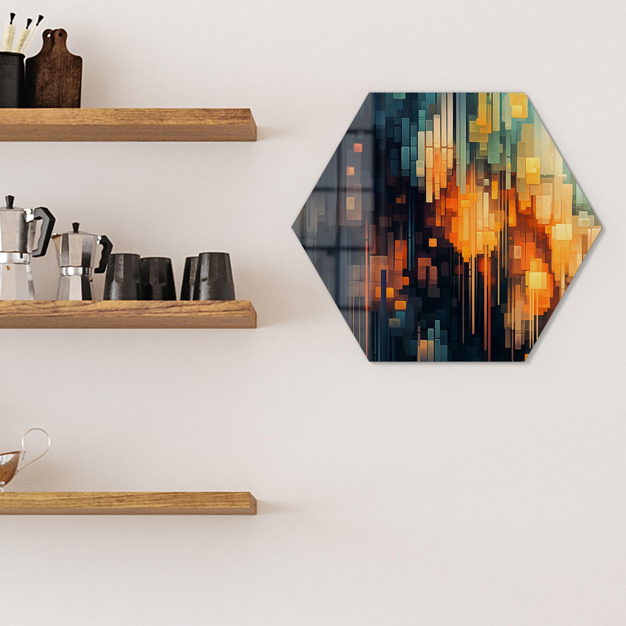 Szklana tablica magnetyczna | sześciokątny rozmiar 55 x 47,6 cm | motyw "nocny kolorowy deszcz" | tablica memo ze szkła | tablica magnetyczna z magnesami, długopisem i chusteczką do kuchni i