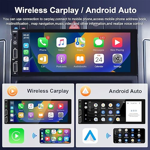 Miniatura 2 de Podofo Radio DIN individual con Carplay inalámbrico Android Auto Airplay Mirror Link, pantalla táctil HD de 6.86 pulgadas, receptores de audio
