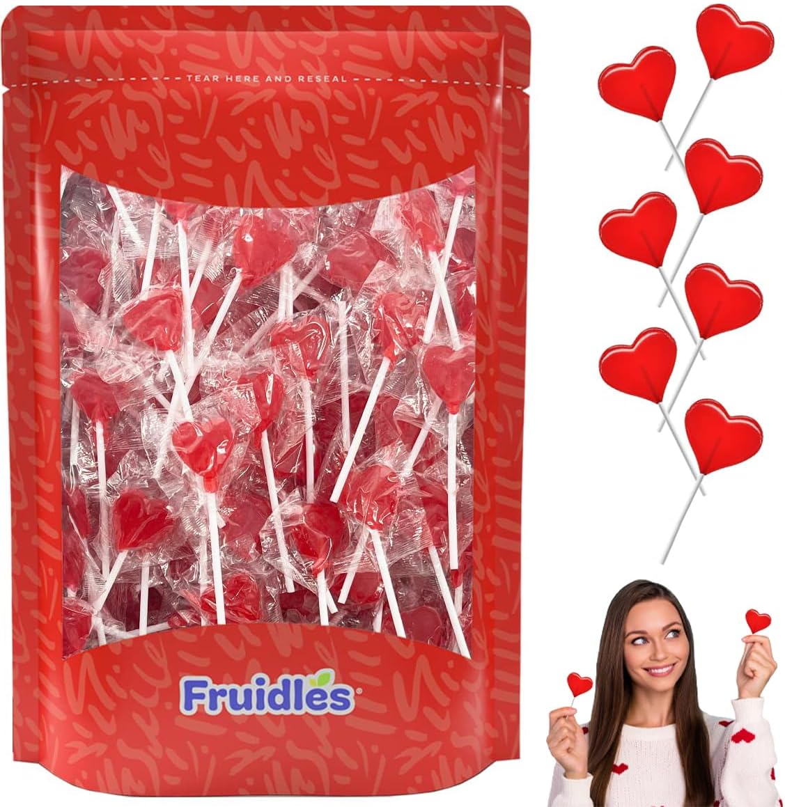 120 Lollipops Mini Red Heart Shaped Strawberry Flavored Individually Wrapped, 5g 120 Lollipops 2 Pounds