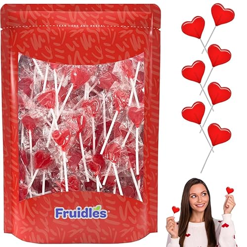 Mini paletas para el día de San Valentín con forma de corazón rojo con sabor a fresa, envueltas individualmente, paletas de 0.18oz, aprox. 40