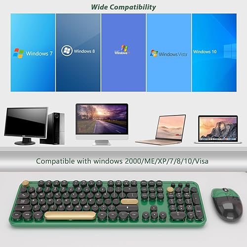 Miniatura 9 de KOOTOP - Teclado inalámbrico, lindo y colorido de 104 teclas para máquina de escribir retro, redondo, teclado para PC, laptop, escritorio, ventanas,