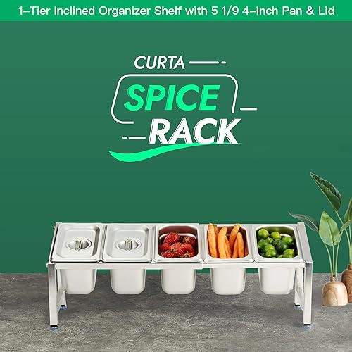 Miniatura 2 de CURTA Expandable 188 Stainless Steal Spice Rack Set, Commercial 1-Tier Inclined Organizer Shelf with 5 19 4-inch Deep Pan & Lid, 13.8" - 23.6"