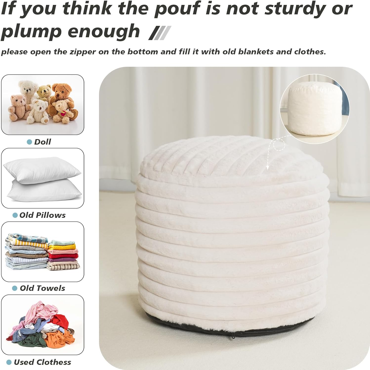 Round Stuffed Pouf Ottoman For Foot Rest, Faux Fur Poufs With Foam Chunk Filling Storage Ottoman Pouf Foot Stool Cushion 20 X 15 Inch Floor Chair For Living Room Bedroom Home Decor White P 59365936