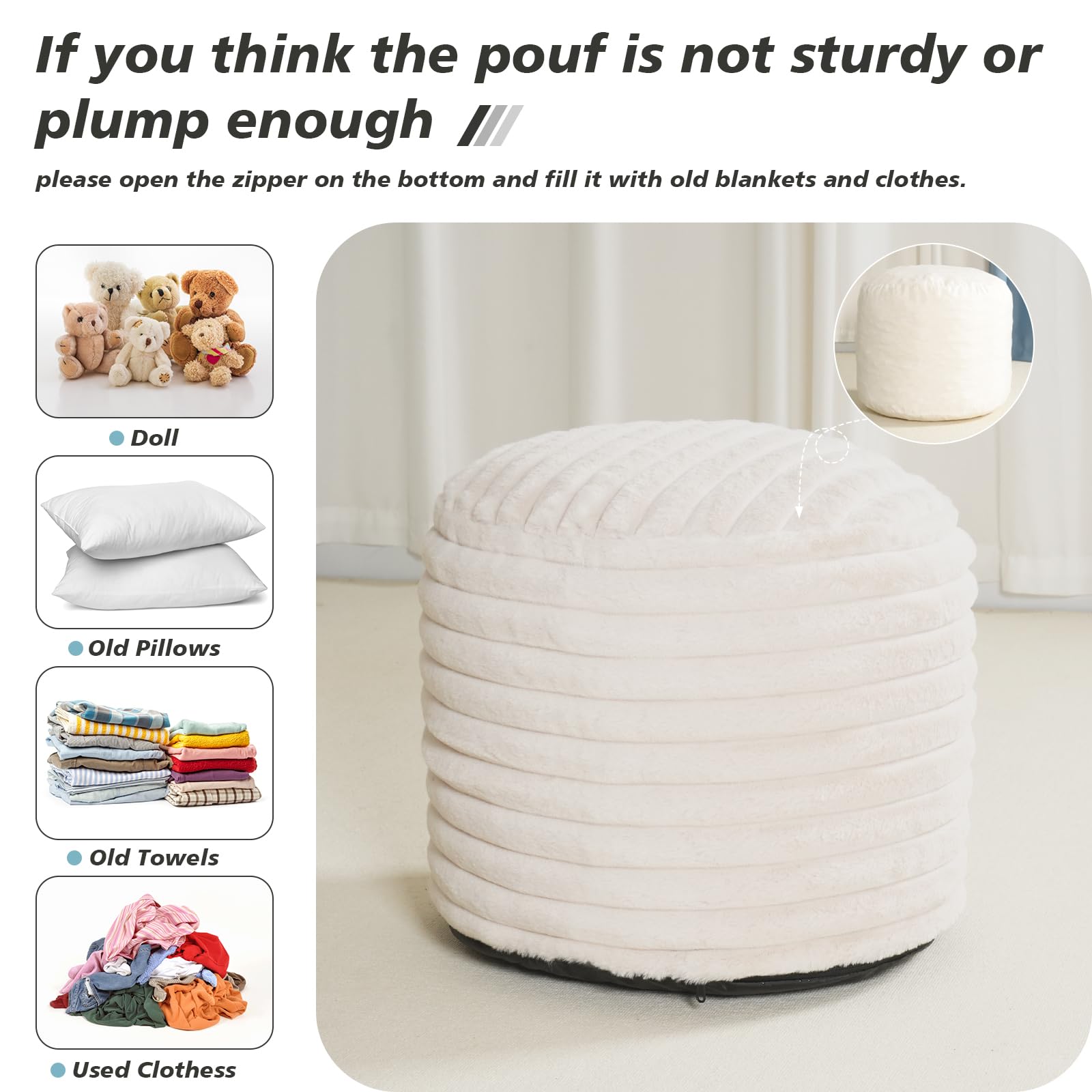 Round Stuffed Pouf Ottoman For Foot Rest, Faux Fur Poufs With Foam Chunk Filling Storage Ottoman Pouf Foot Stool Cushion 20 X 15 Inch Floor Chair For Living Room Bedroom Home Decor White P 59365936