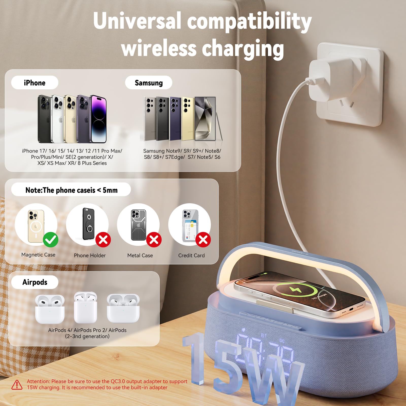 FREEFISH Altavoz Bluetooth con cargador inalámbrico, radio FM, luz nocturna LED ajustable, carga inalámbrica de 15 W para iPhone, altavoces duales de 10 W, batería de 2500 mAh, Bluetooth 5.0