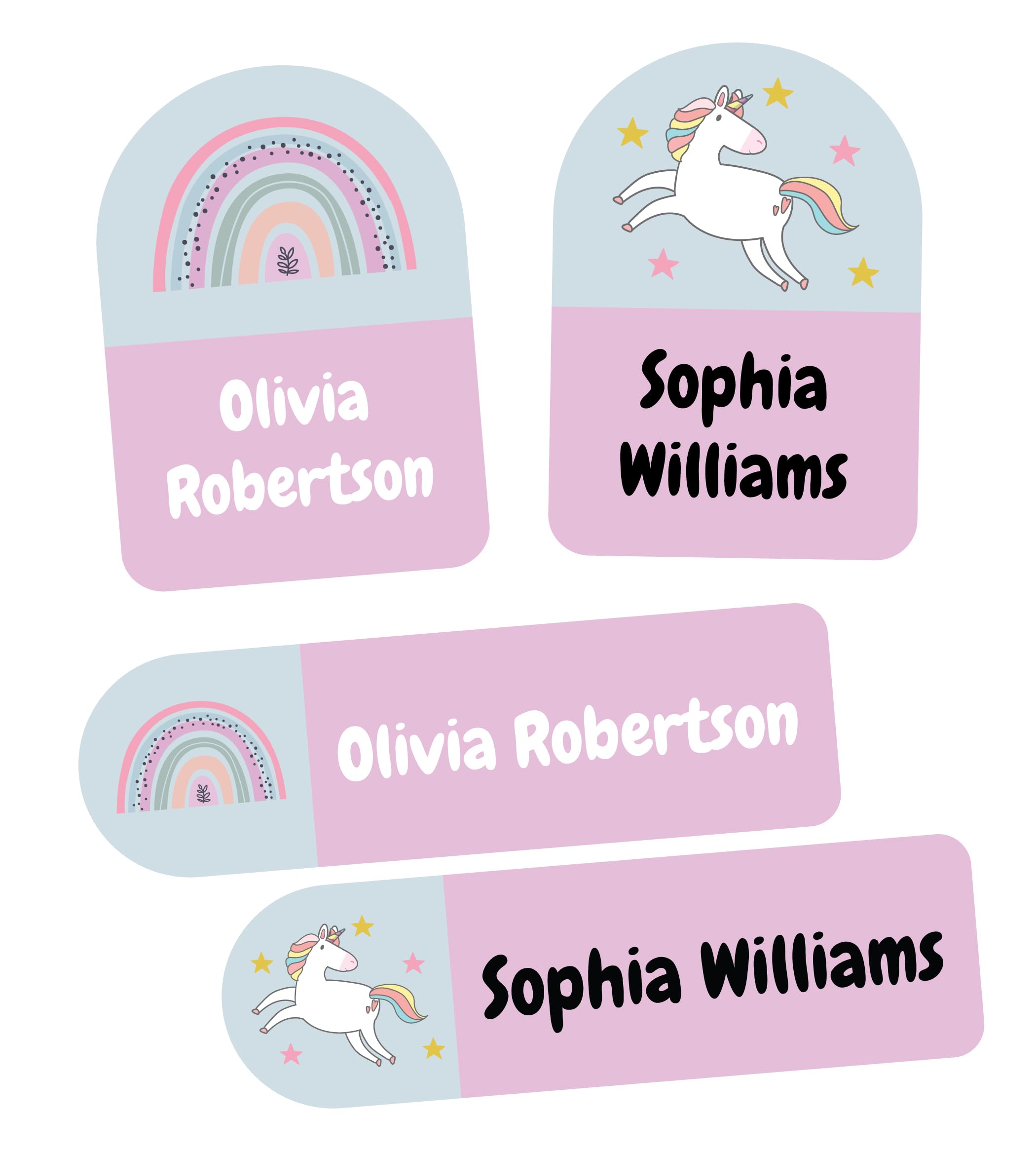 QuoteMyWall 20 Personalised Stick On Clothing Labels Fors Kids School Clothes Nursery Washable Tumble Dryer Safe - Custom Name Sticker Tags for Stationery (Blue & Pink (Rainbows & Unicorns))