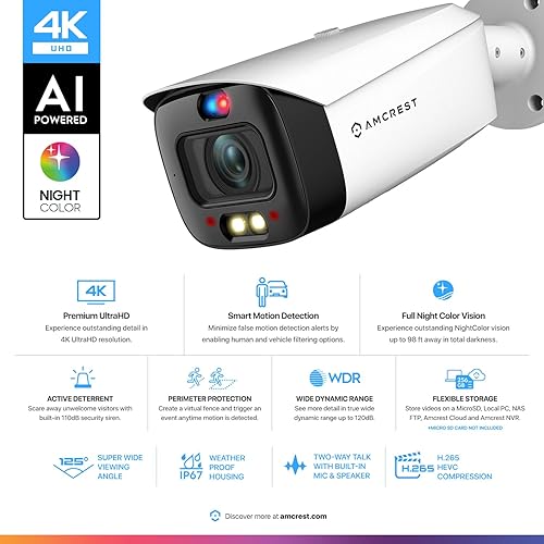 Miniatura 2 de Amcrest Cámara IP POE AI UltraHD 4K (8MP), 4K 30fps, visión nocturna a color de 98 pies F1.0, cámara bala de seguridad para exteriores, detección de
