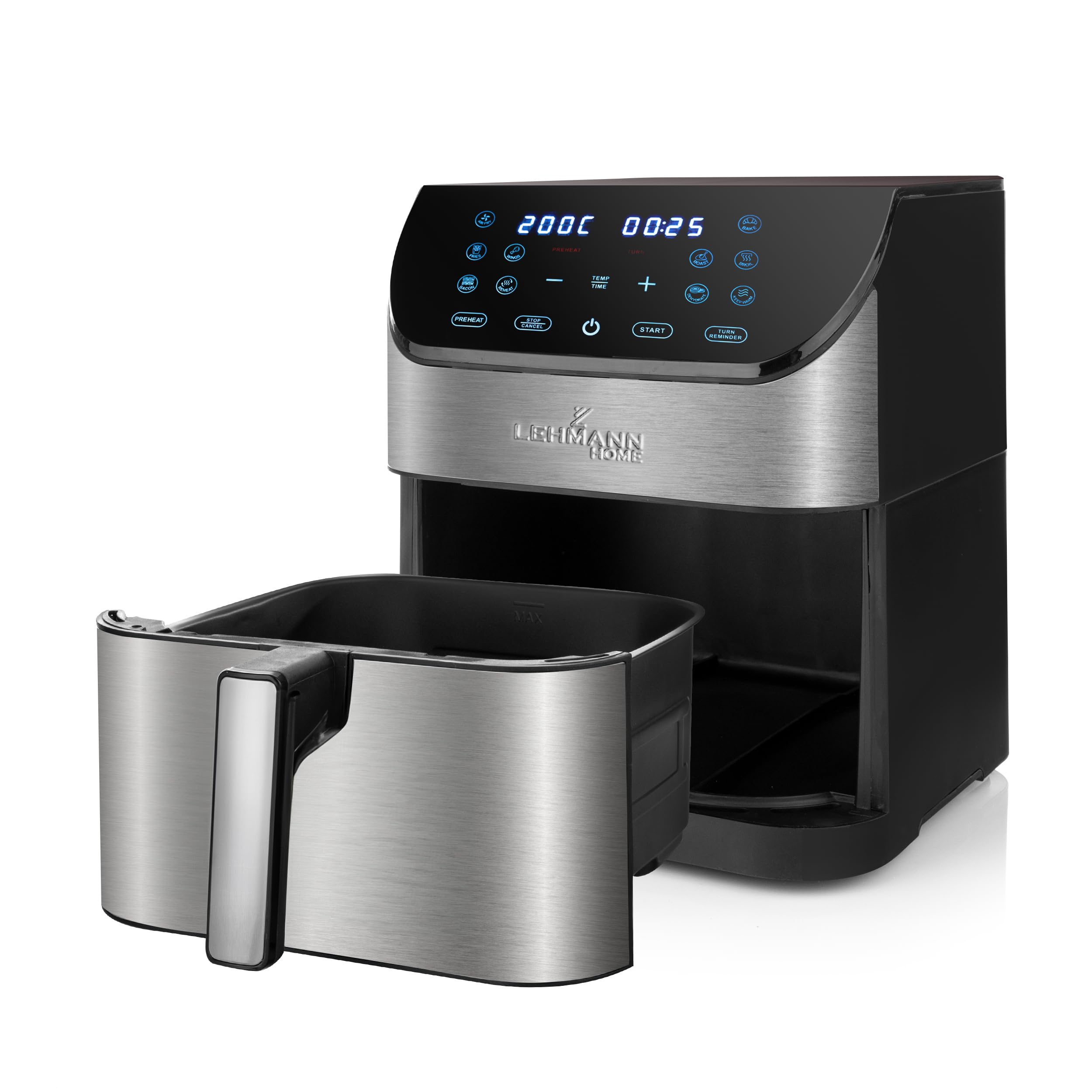 LEHMANN Air Fryer XXL 8L avec Compartiment Flexible Dual Zone, 12 programmes, Réglage de la Température 76-200 °C, Écran Tactile LED, Revêtement Antiadhésif, 90% de Matières Grasses en Moins