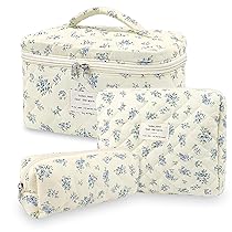 Aucuu Beauty Case, 3 Pezzi Floreale Grande Capacità per Il Trucco, Borsa da Toilette Trapuntata, Beauty Case da Viaggio Cotone Morbido, Beauty Trapuntato Grandei da Toilette Makeup Bag Organizer