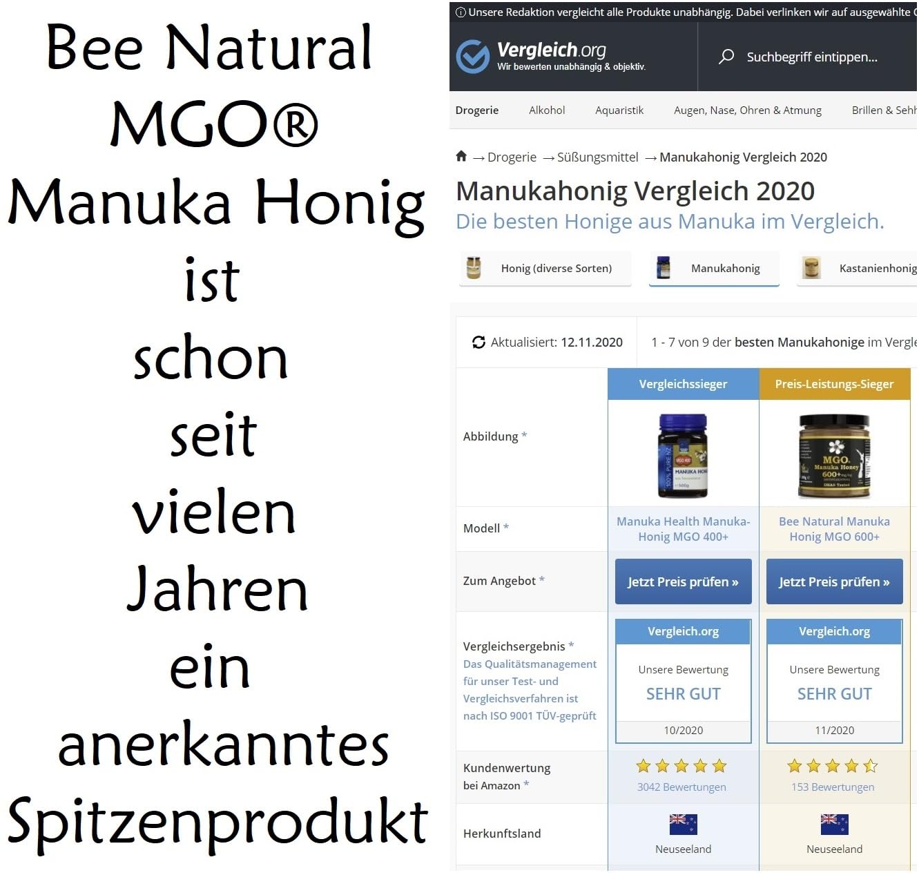 BEE NATURAL MGO 600+ PREMIUM MONOFLORAL NEUSEELAND MANUKA HONIG IN EINEM UMWELTFREUNDLICHEN ECHTGLASGEFÄß AUS NICHT GEFÄRBTEM GLAS * 2x 250G MANUKAHONIG # MGO 514 550 = UMF 15, 600 625 = UMF 16