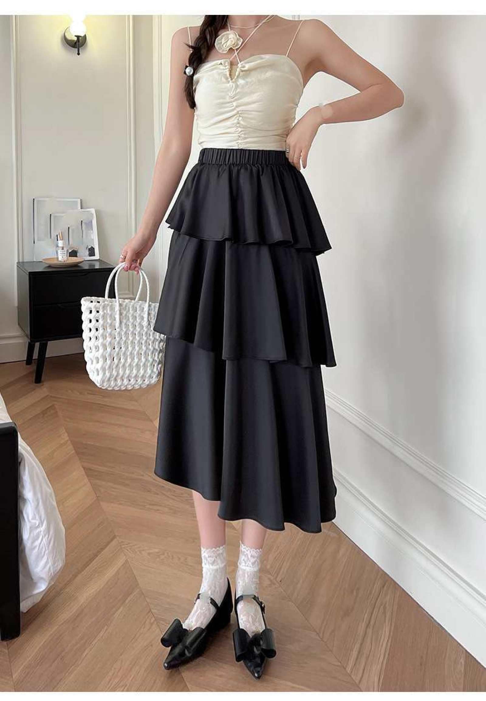 Jupe De Gâteau en Satin De Fibre De Vinaigre Taille Haute pour Femme - Été Polyvalente Couleur Unie Taille Élastique Jupe Mi-Longue Petite Jupe À Volants Irréguliers Une Ligne Jupe Longu